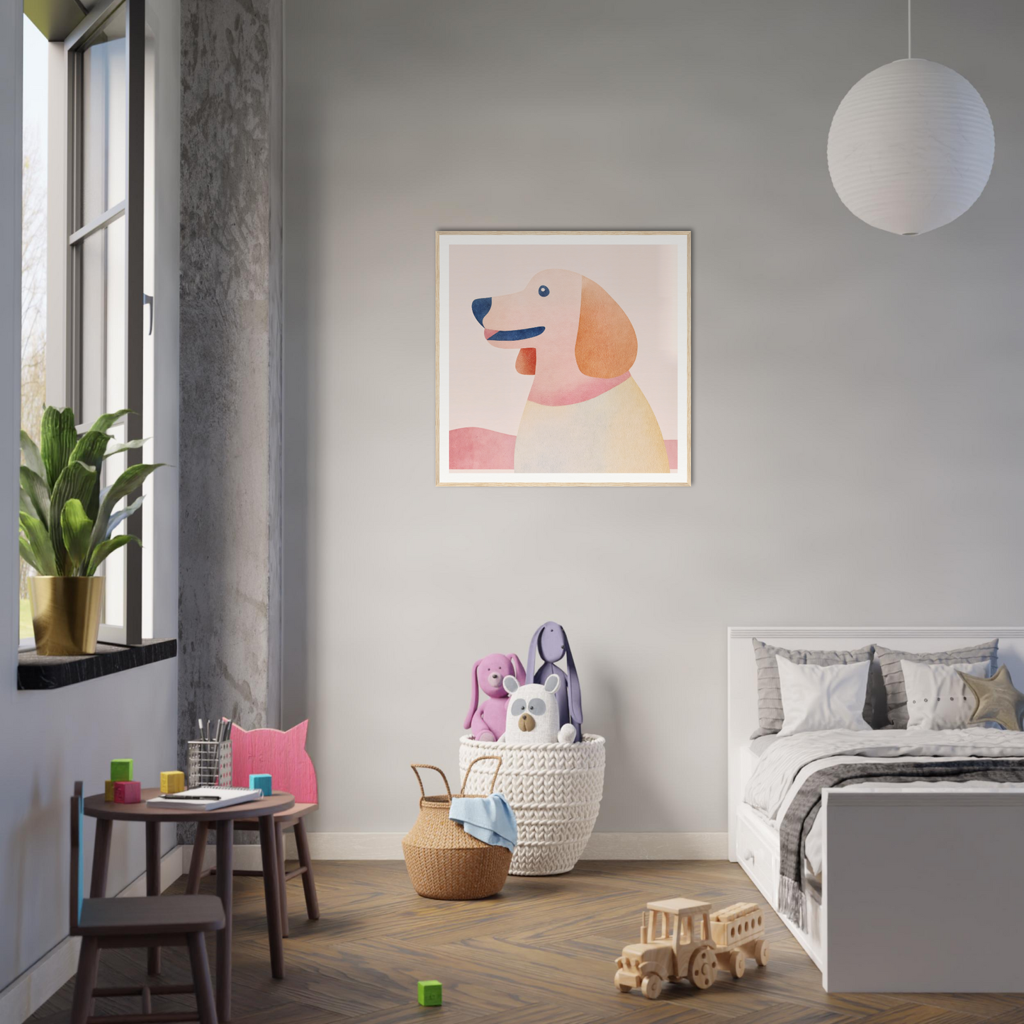 Modern bedroom decor featuring Psychedelic Pup Gregory illustration on the wall