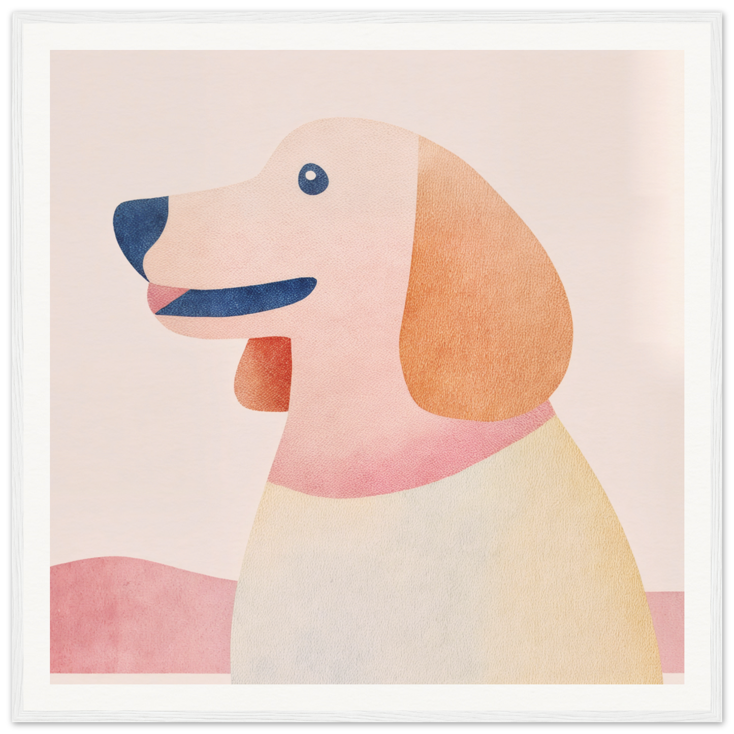 Minimalist illustration of a psychedelic pup Gregory with floppy ears in pastel colors