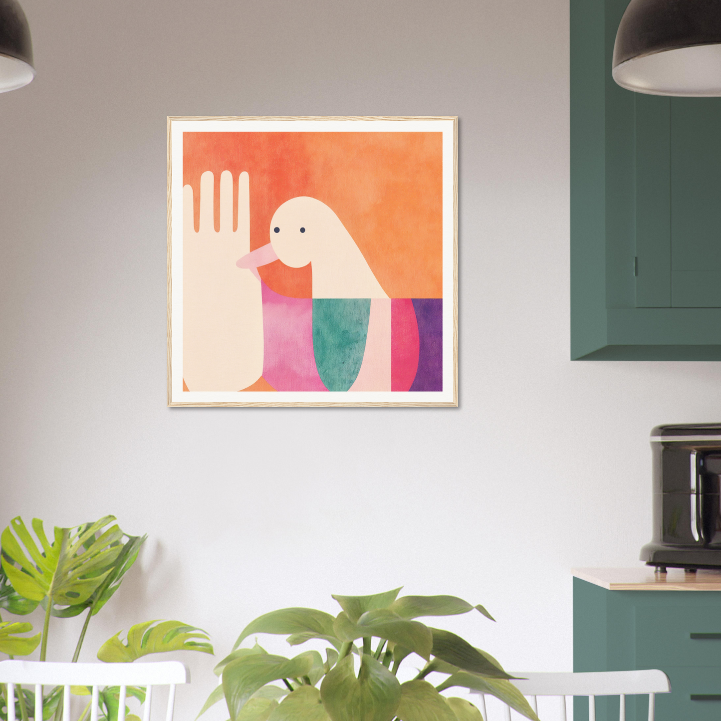Framed abstract art print with geometric shapes in coral, pink, and teal for Quantum Birdplay Whimsy