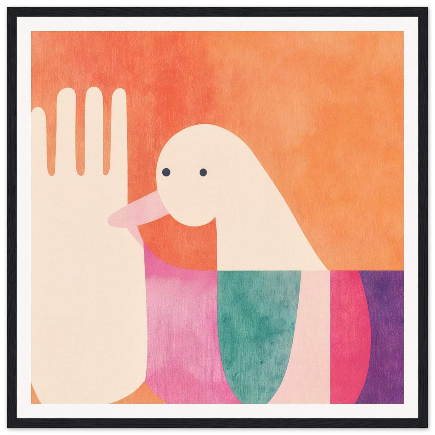 Minimalist bird illustration in pink, teal, and purple for Quantum Birdplay Whimsy