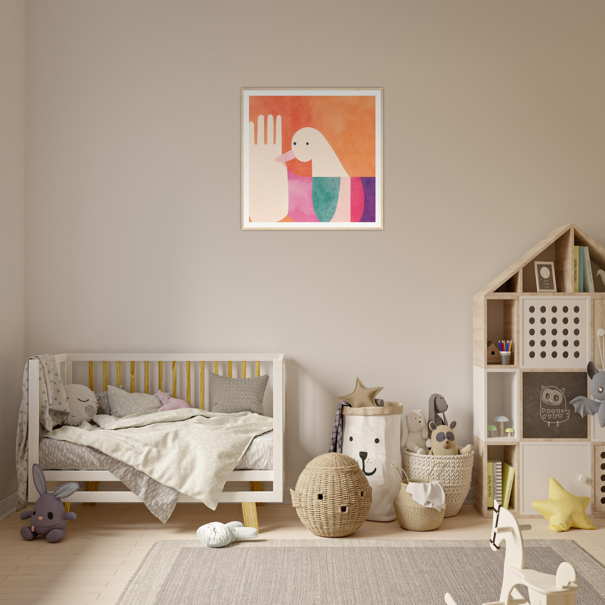 Wooden crib with gray bedding and yellow accents from Quantum Birdplay Whimsy