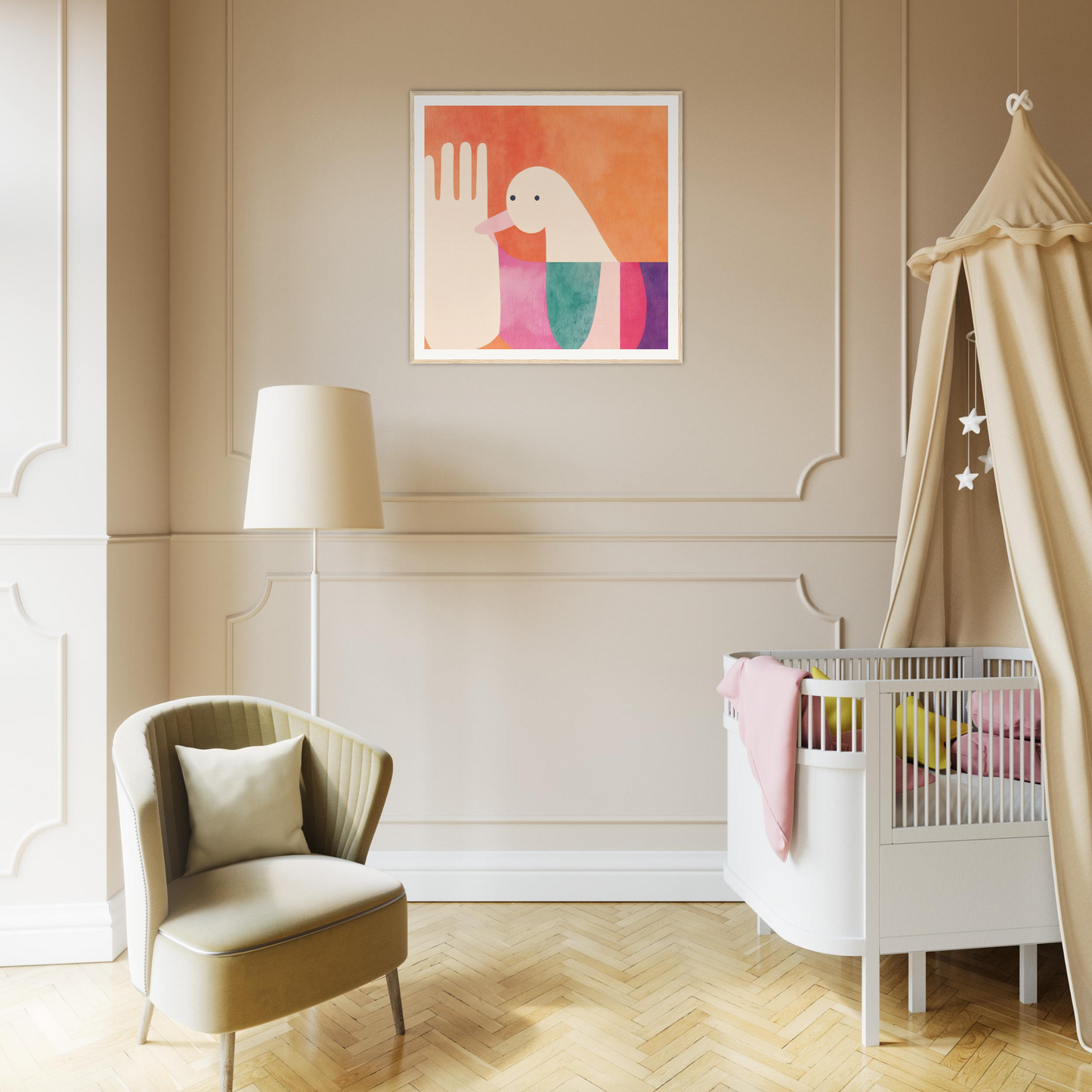 Modern nursery with Quantum Birdplay Whimsy crib featuring colorful wall art