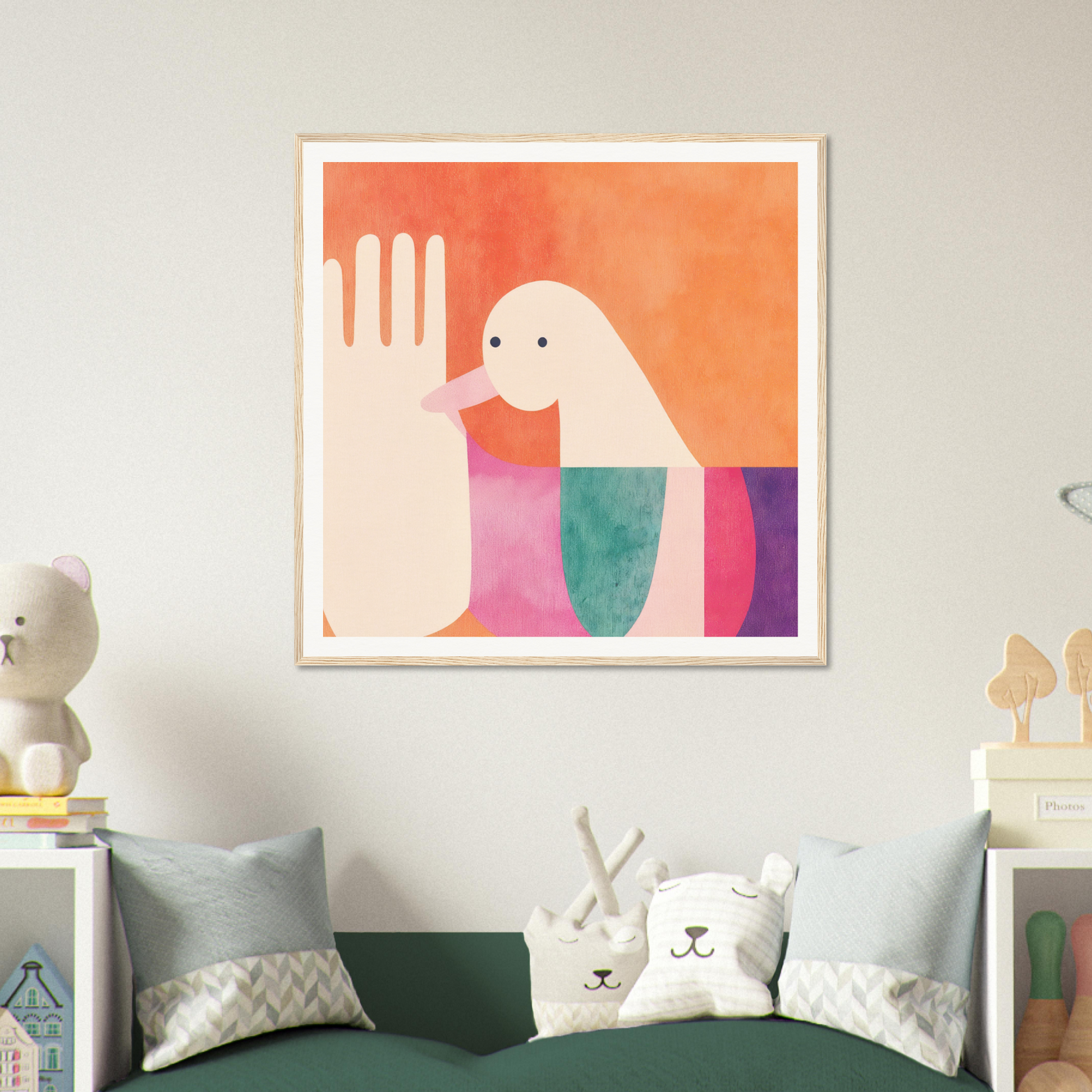 Framed abstract art print of Quantum Birdplay Whimsy with colorful geometric shapes
