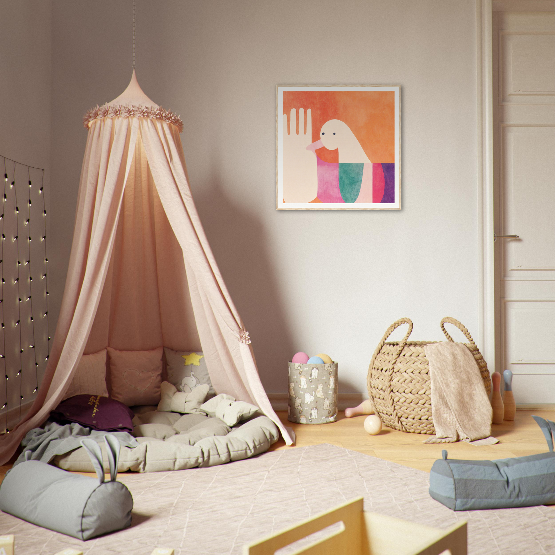 Pink canopy tent with draped fabric in Quantum Birdplay Whimsy special edition art™