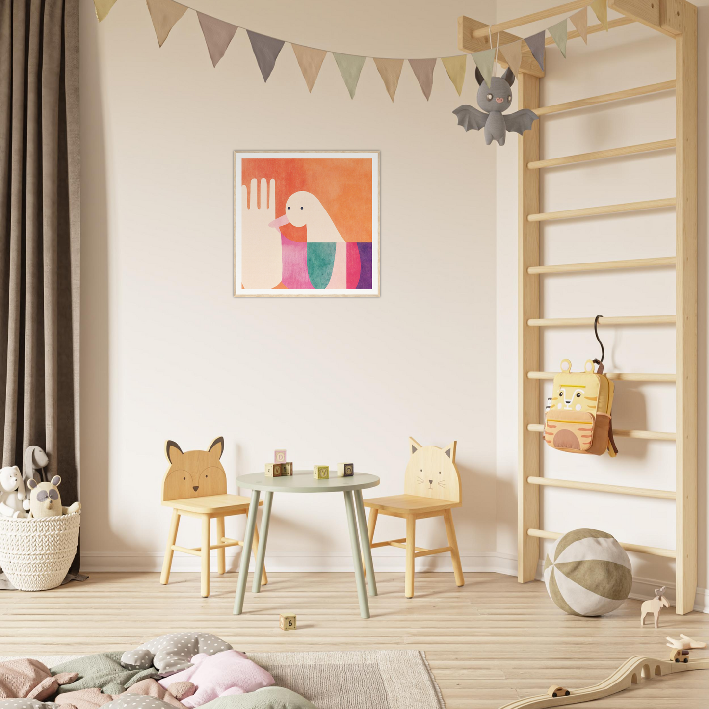 Children’s play area featuring Quantum Birdplay Whimsy animal-themed chairs and table