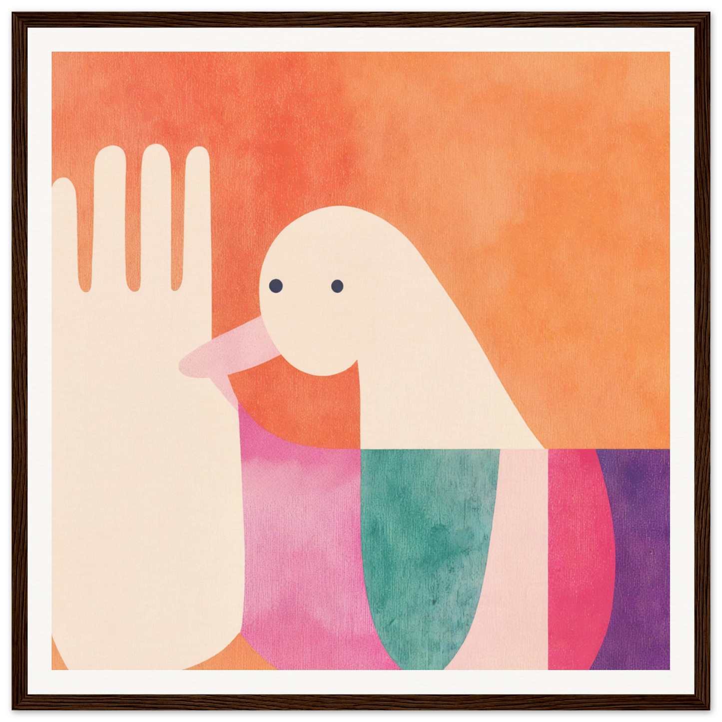 Minimalist bird illustration in pink, teal, and purple for Quantum Birdplay Whimsy