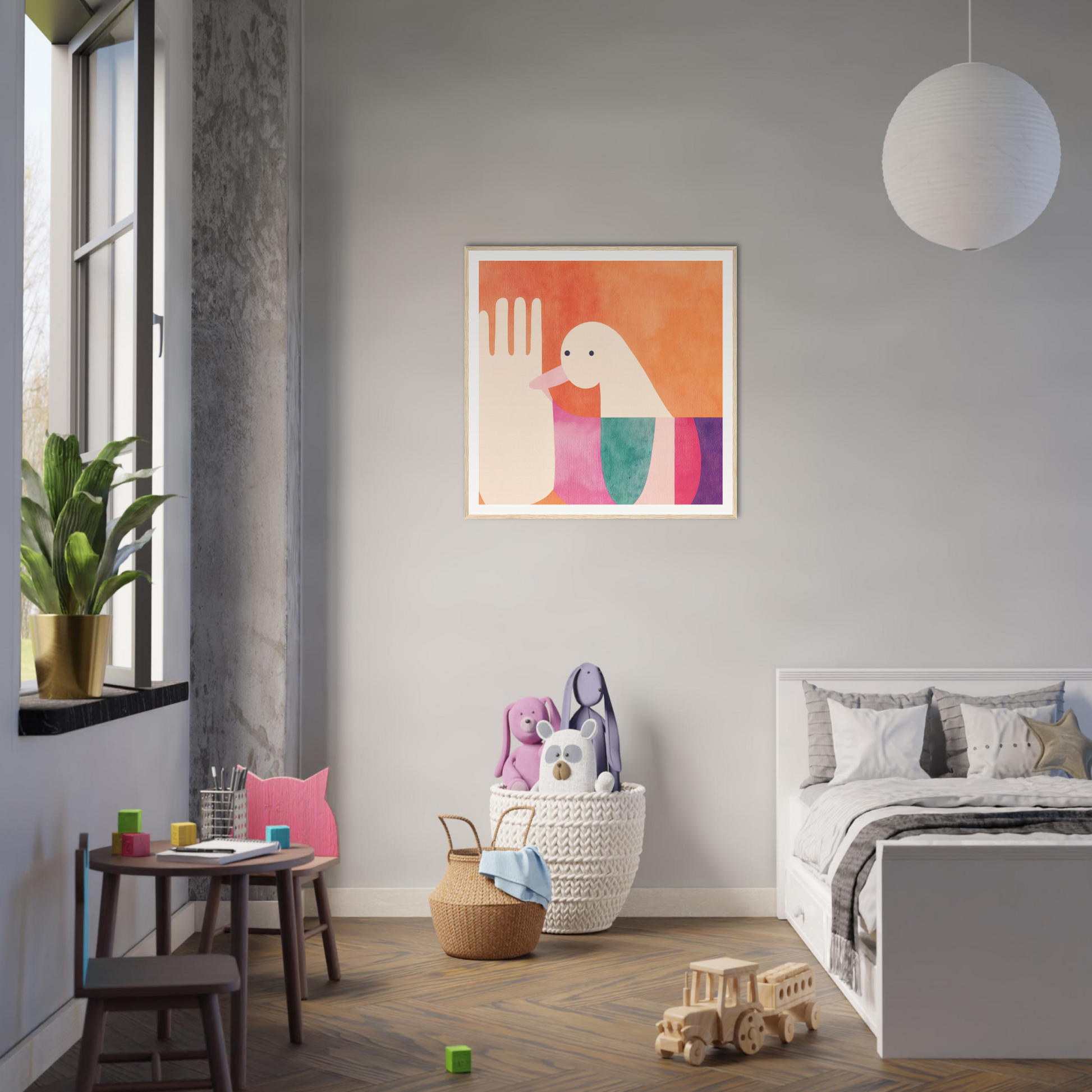 Modern bedroom showcasing Quantum Birdplay Whimsy art print with minimalist decor