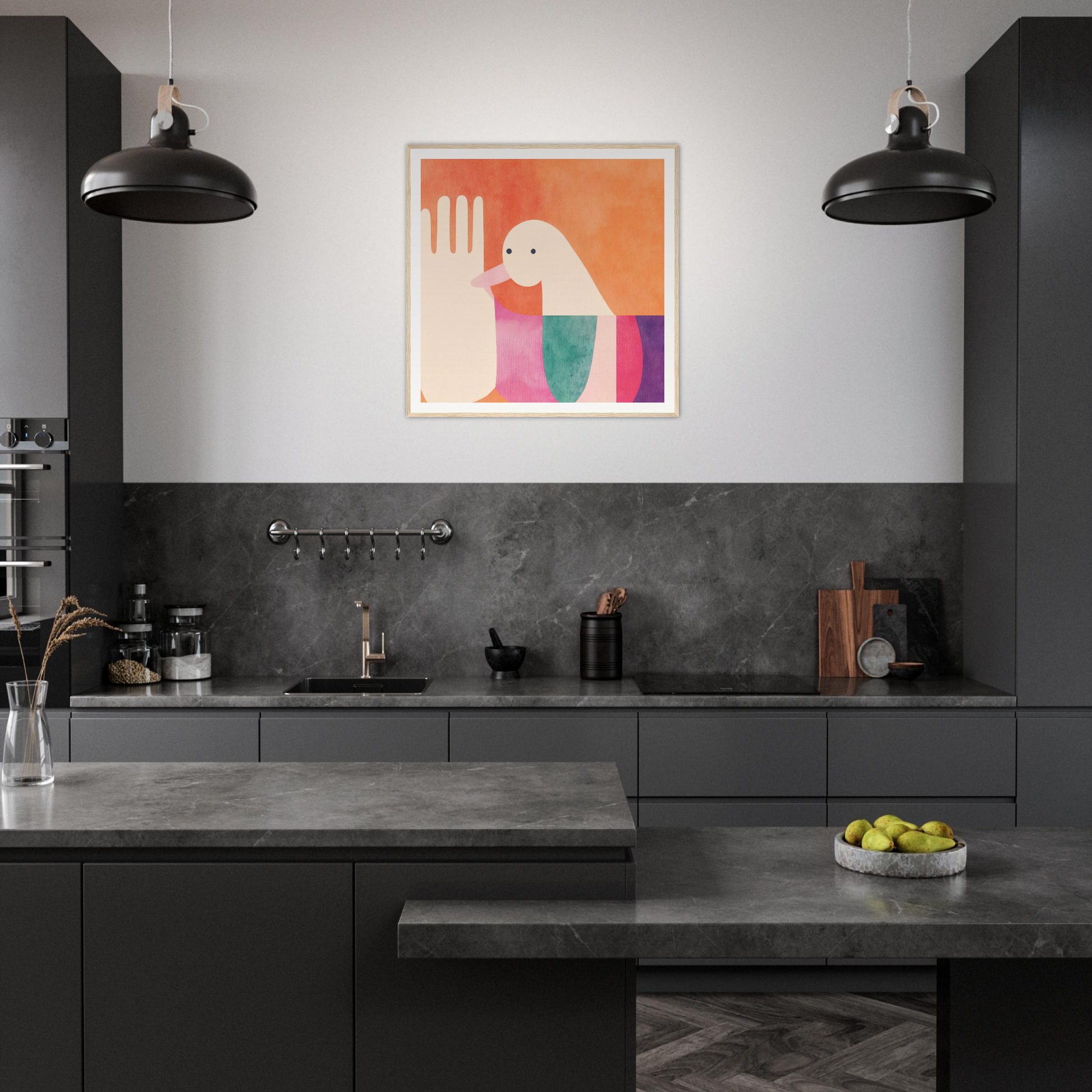 Modern dark kitchen featuring Quantum Birdplay Whimsy with industrial lights and art