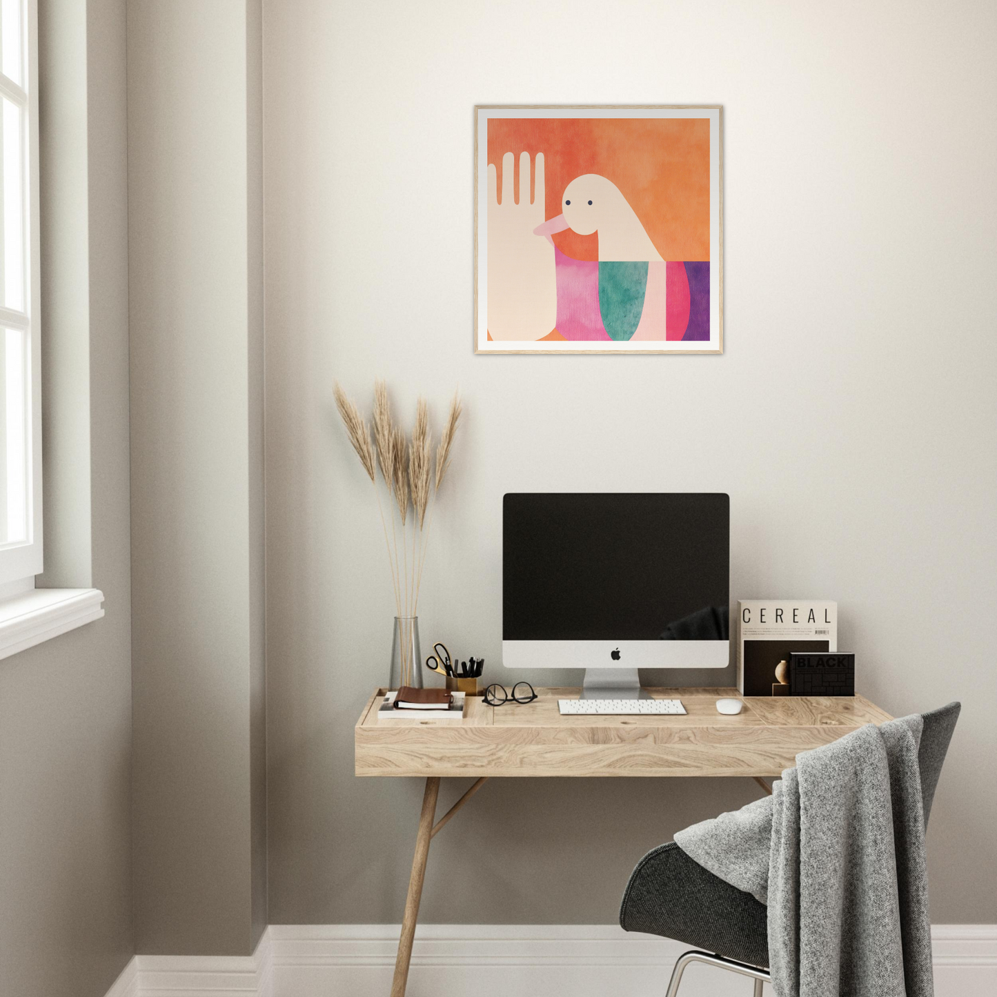 Minimalist wooden desk with iMac and Quantum Birdplay Whimsy art above it