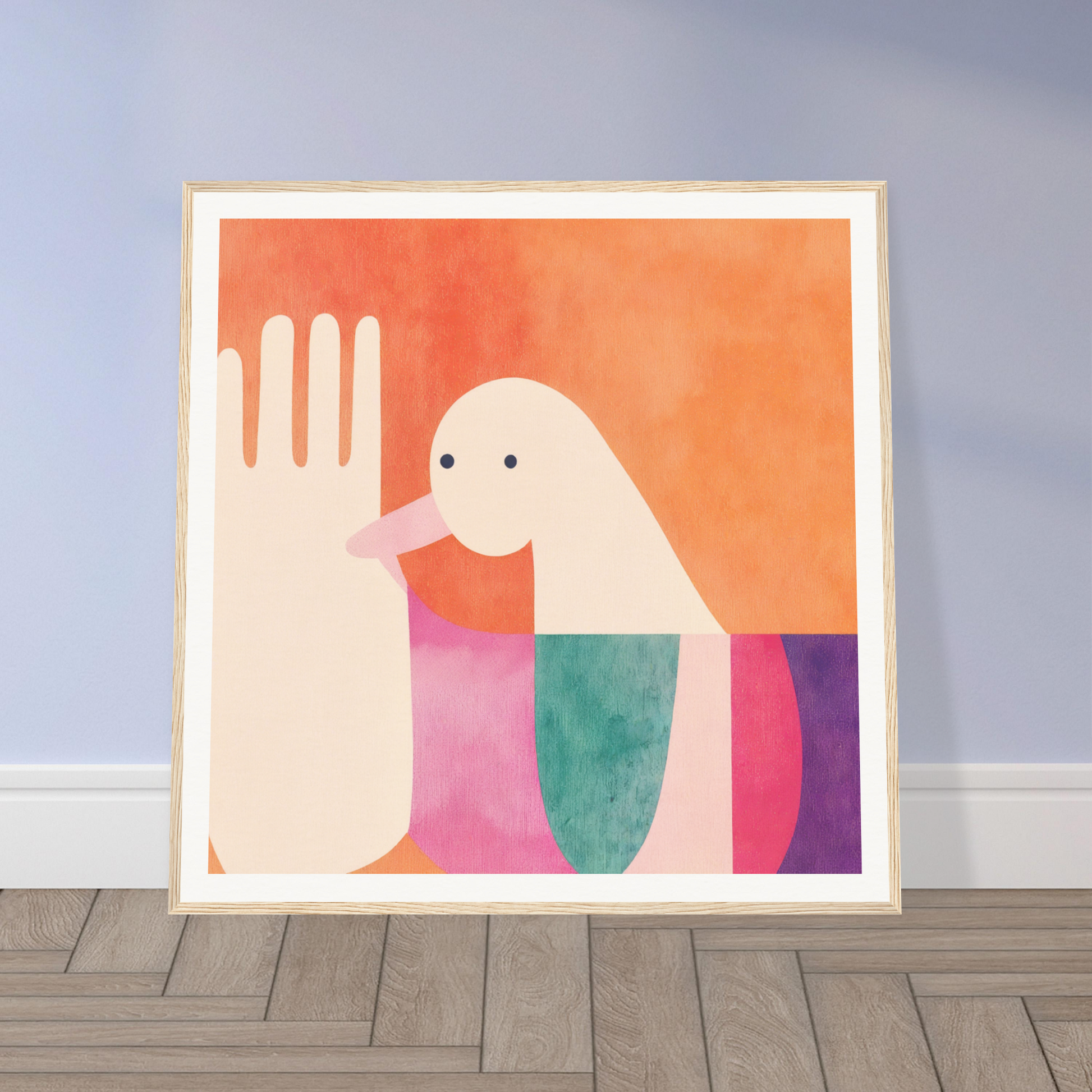 Minimalist art print of a white hand and colorful bird in geometric shapes, Quantum Birdplay Whimsy