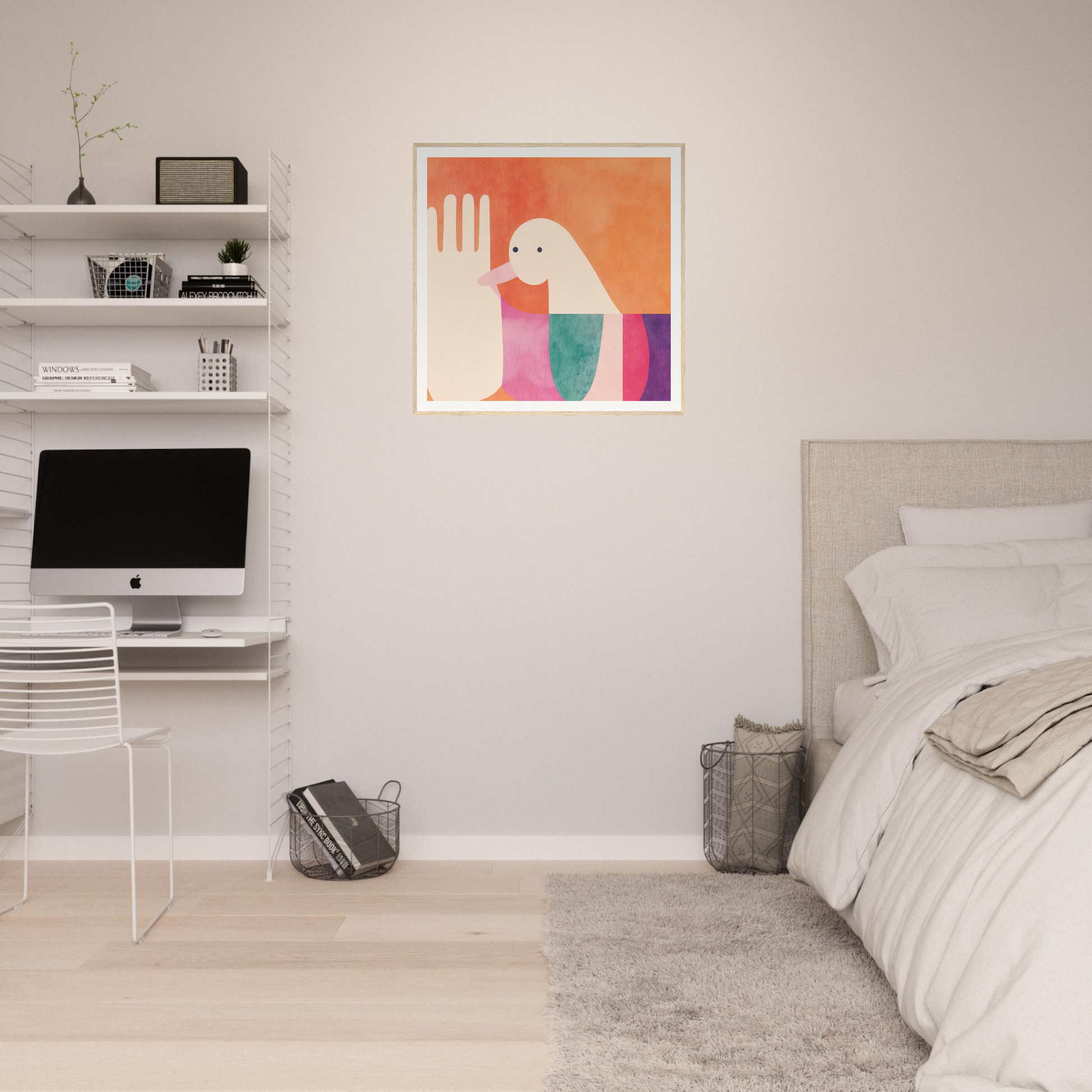 Minimalist bedroom with Quantum Birdplay Whimsy artwork and modern decor elements