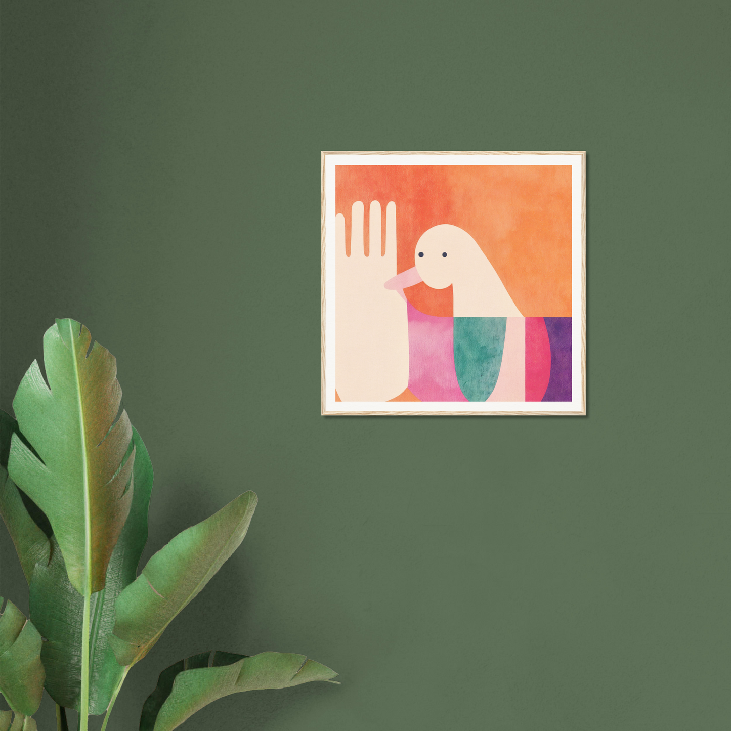 Framed abstract art print ’Quantum Birdplay Whimsy’ with colorful shapes and ghost figure