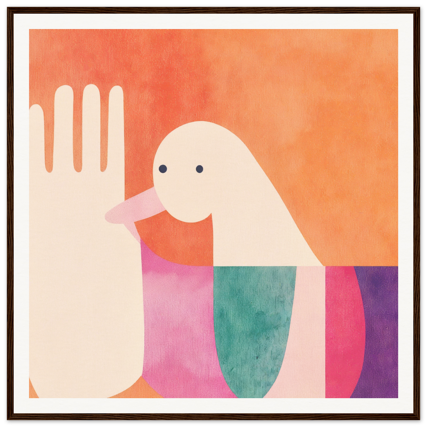 Minimalist illustration of a white bird in colorful shapes from Quantum Birdplay Whimsy