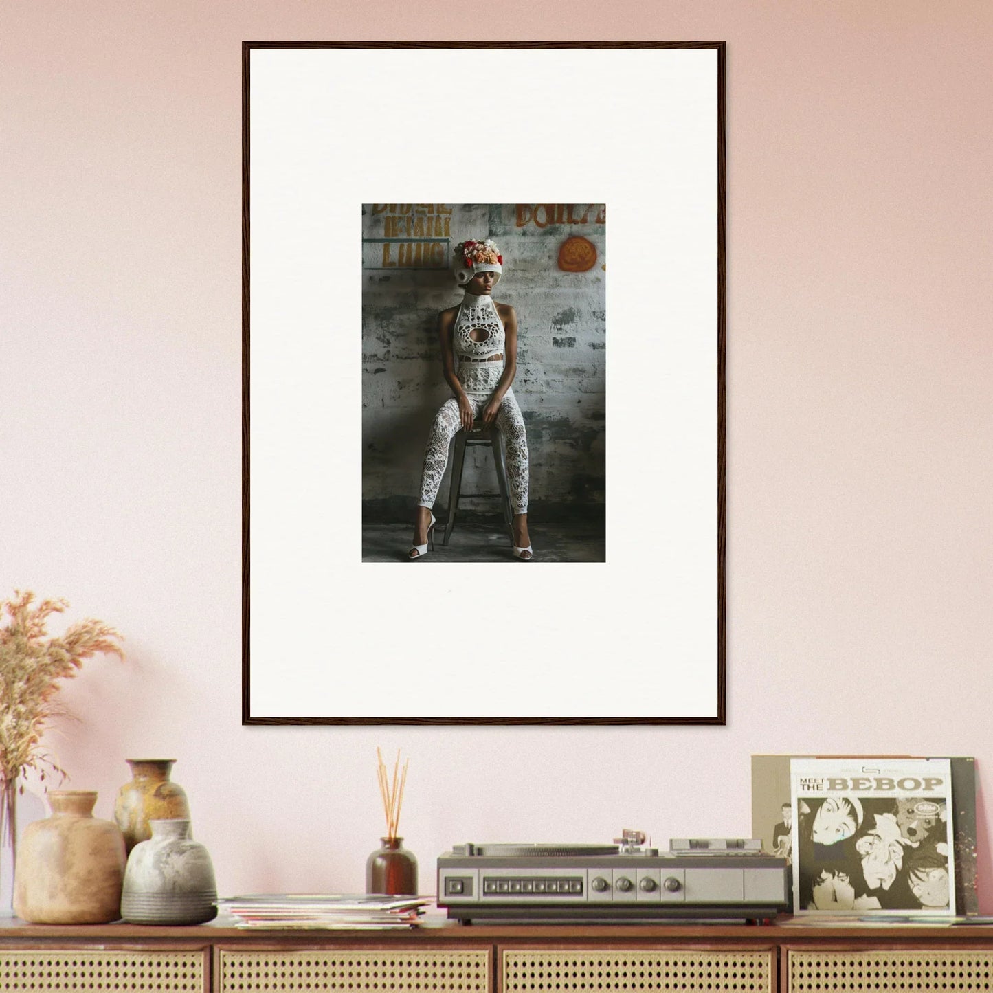 Framed wall art of a person in a white bodysuit for unique room decor with Dream Loom