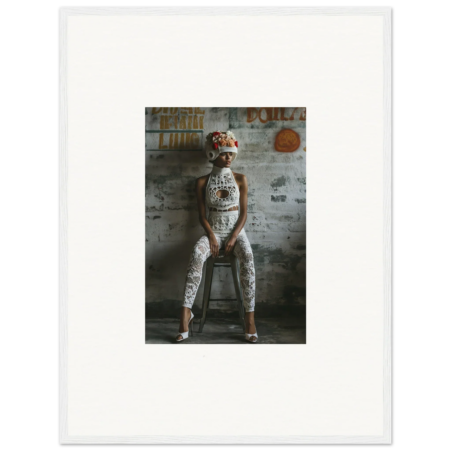 Person with intricate body paint on a stool for Quantum Dream Loom room decor art