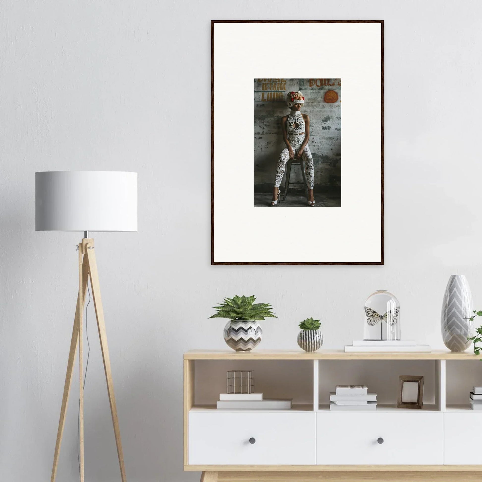 Framed wall art of a person against textured background for stylish room decor