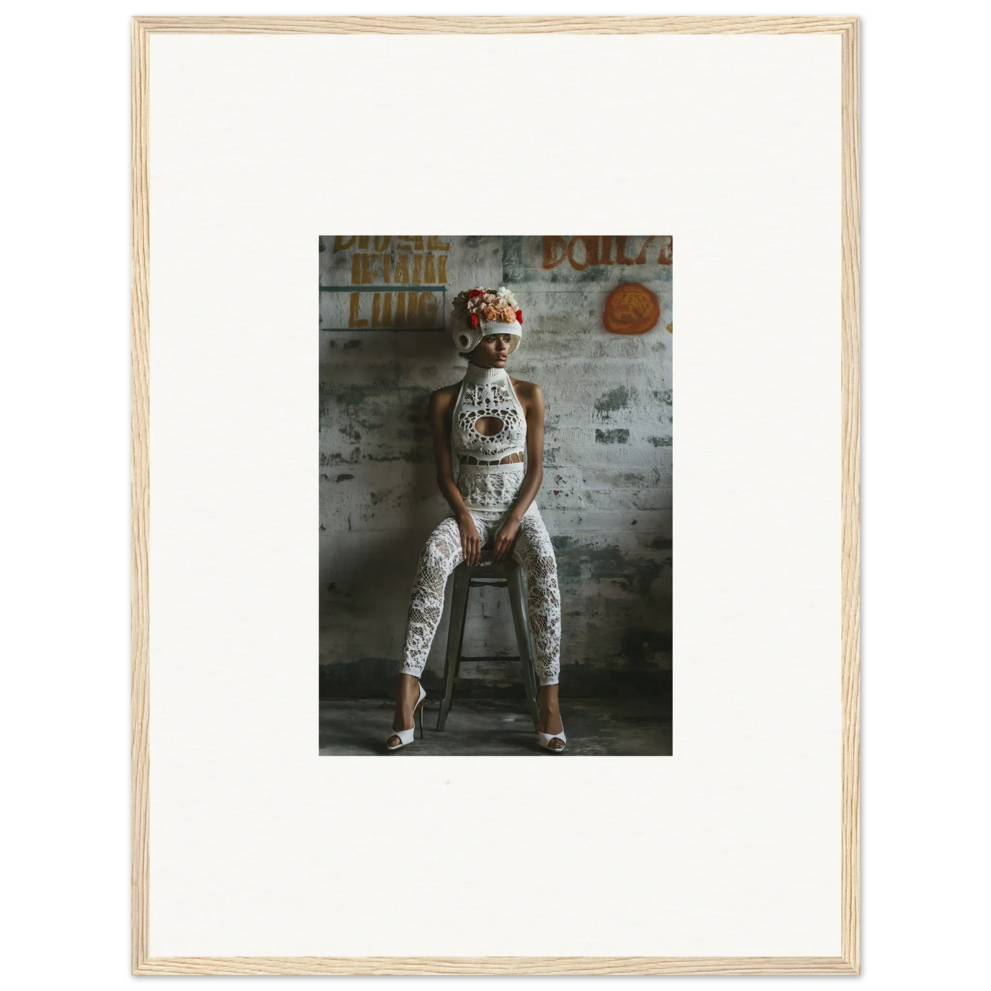 Framed wall art of a person in patterned outfit and colorful mask for dream loom decor