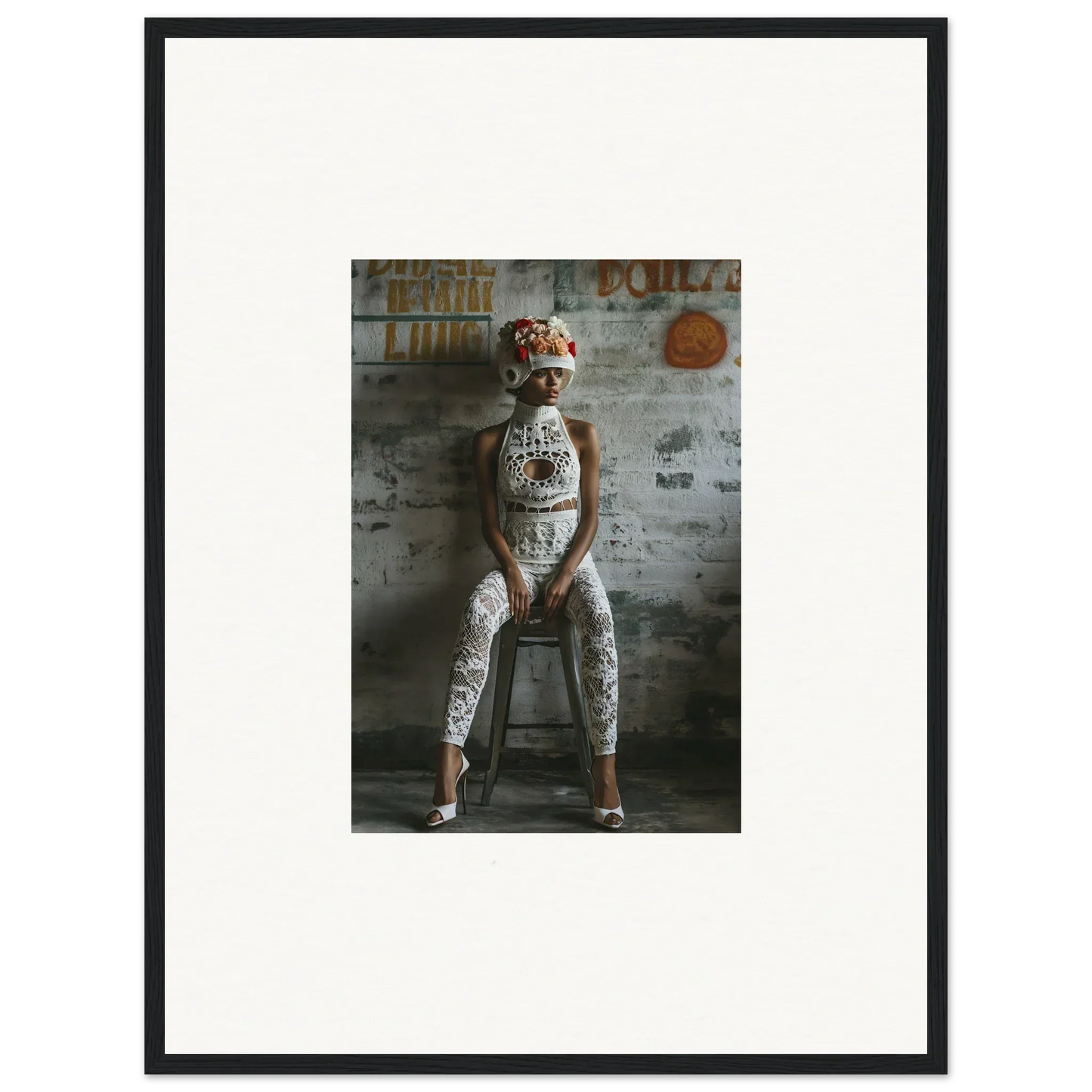 Framed wall art of a person in a white outfit on a stool for dream loom room decor