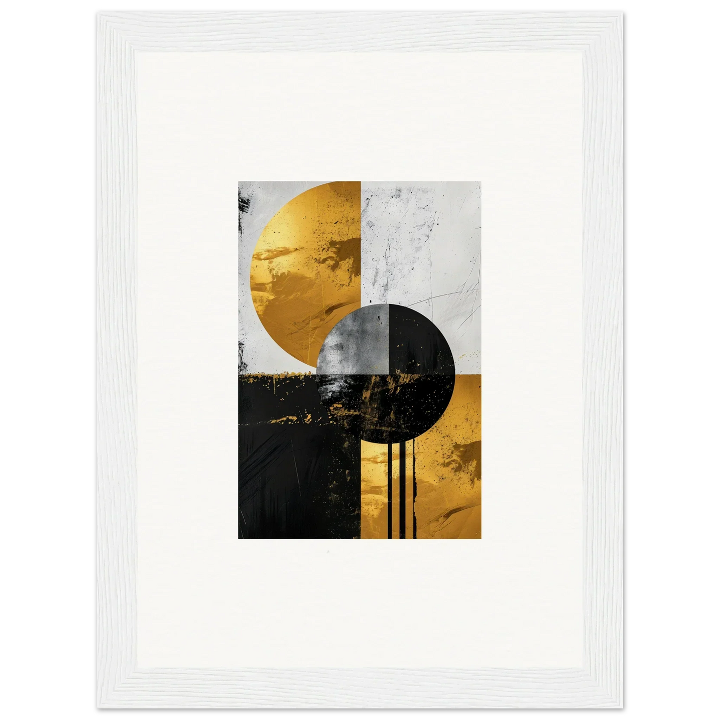 Abstract geometric wall art with golden dreams and black circles for stylish room decor