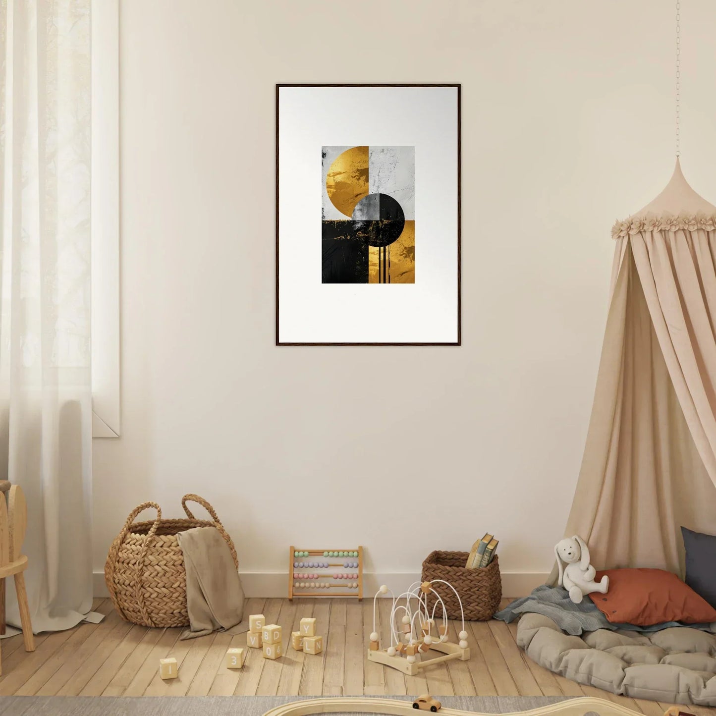 Framed wall art of black, white, and gold geometric shapes for golden dreams room decor