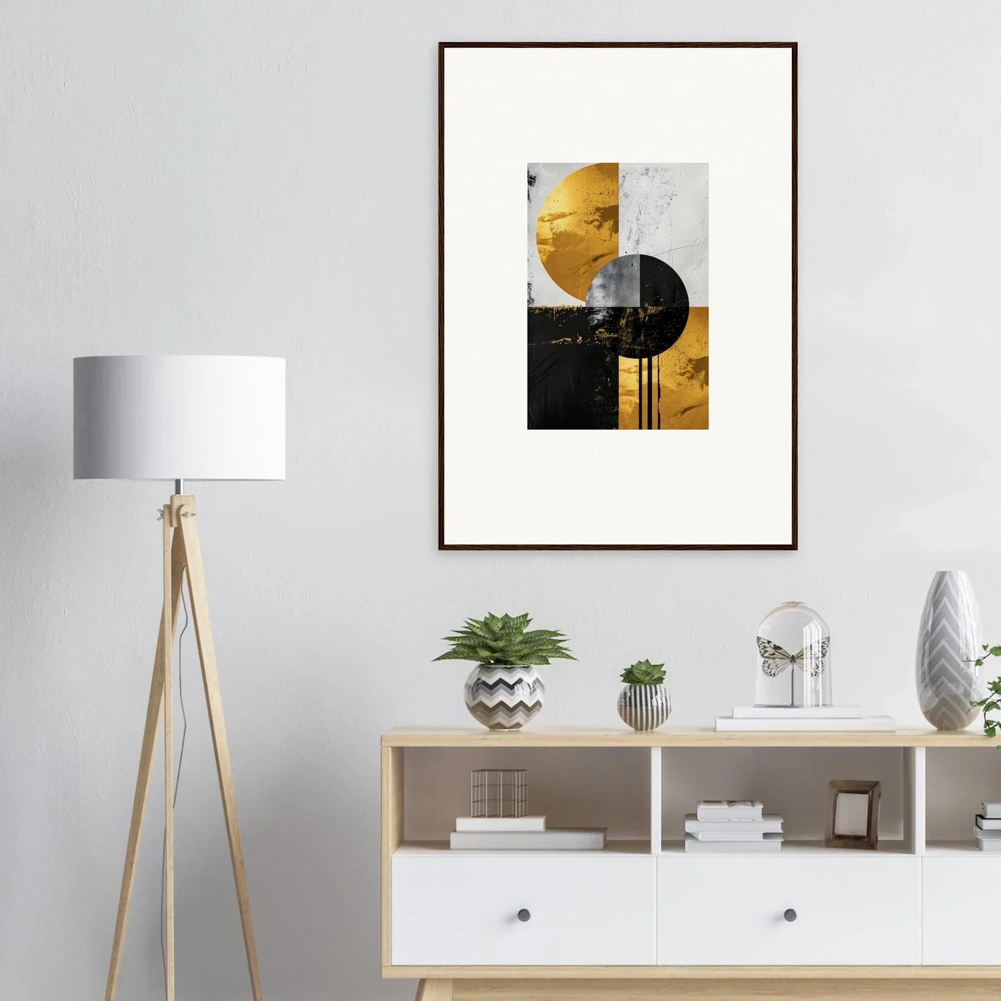 Abstract geometric framed wall art in gold, black, and white for stylish room decor