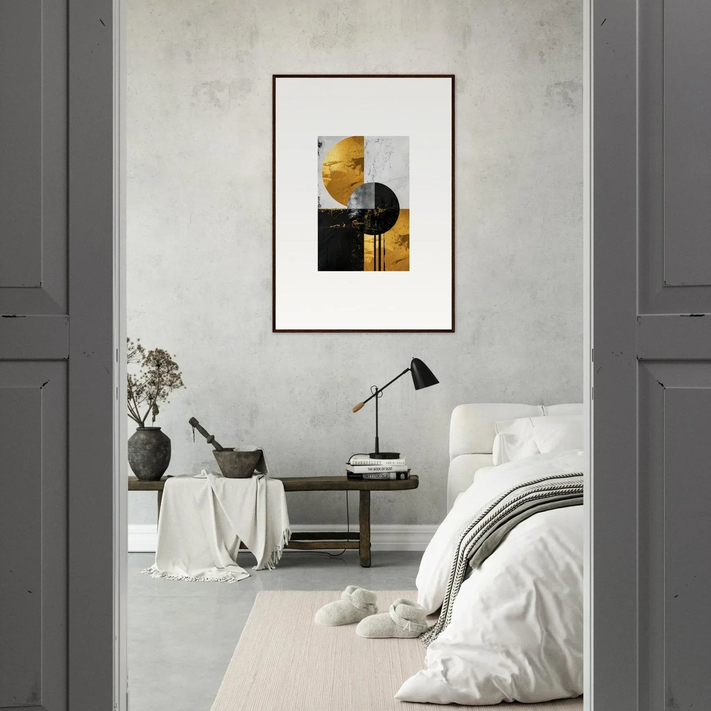 Framed wall art of geometric shapes in muted colors for stylish room decor golden dreams