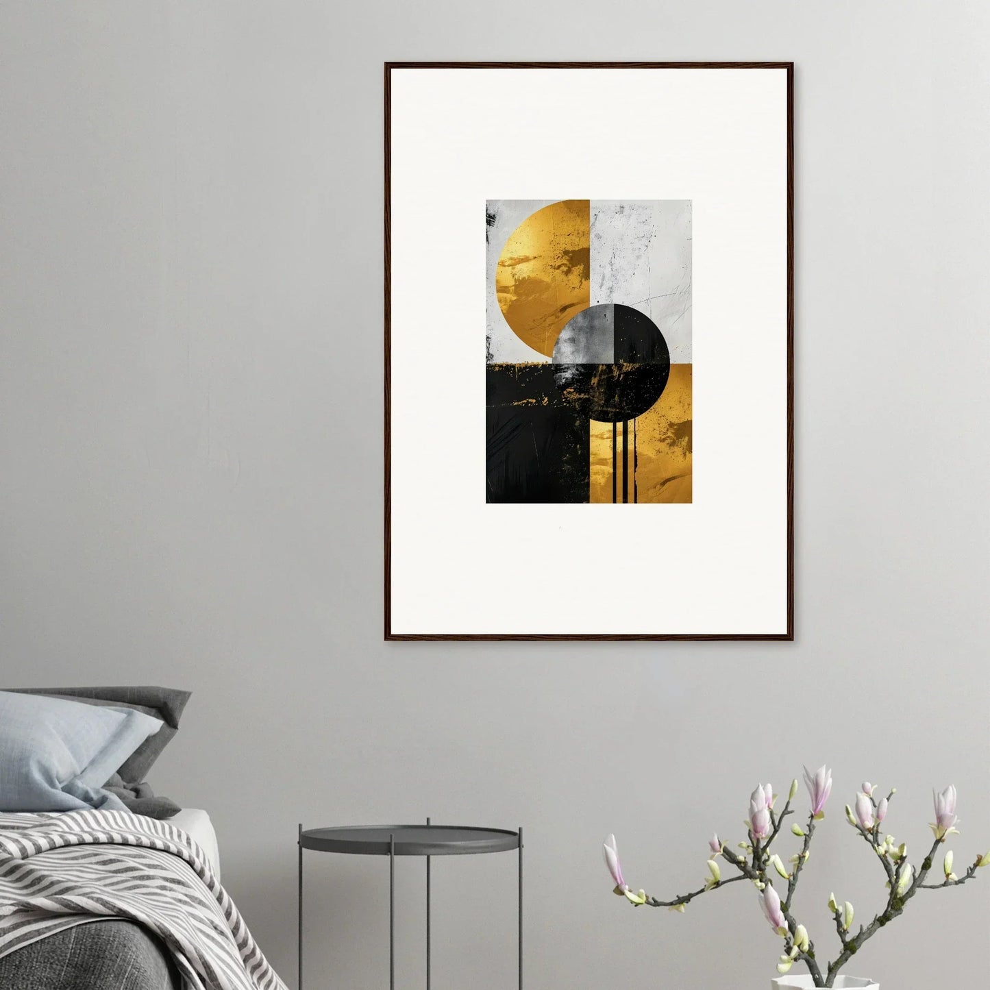 Framed wall art of geometric golden dreams in yellow tones for stylish room decor