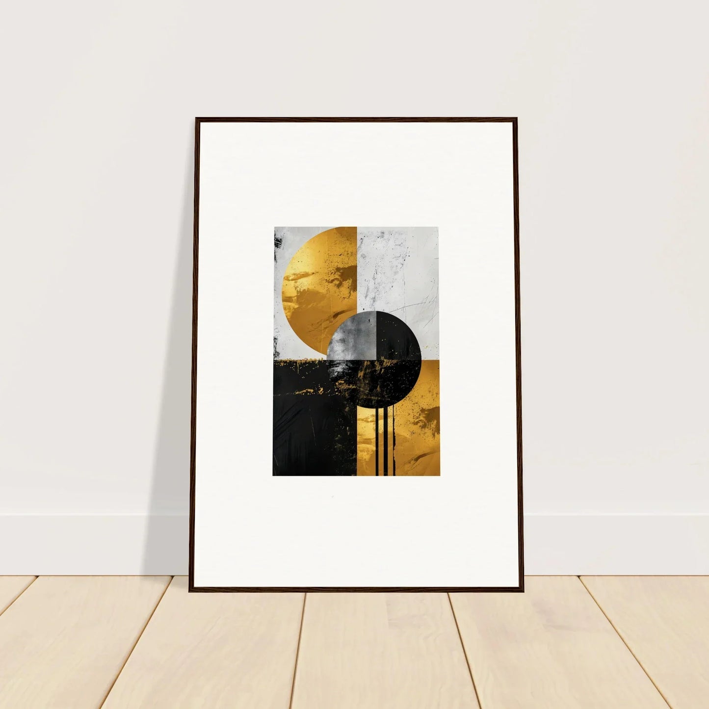 Framed wall art with geometric shapes in gold, black, and white for golden dreams room decor