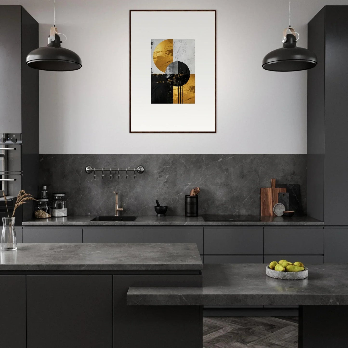 Modern kitchen featuring dark cabinetry, concrete countertops, and framed wall art decor