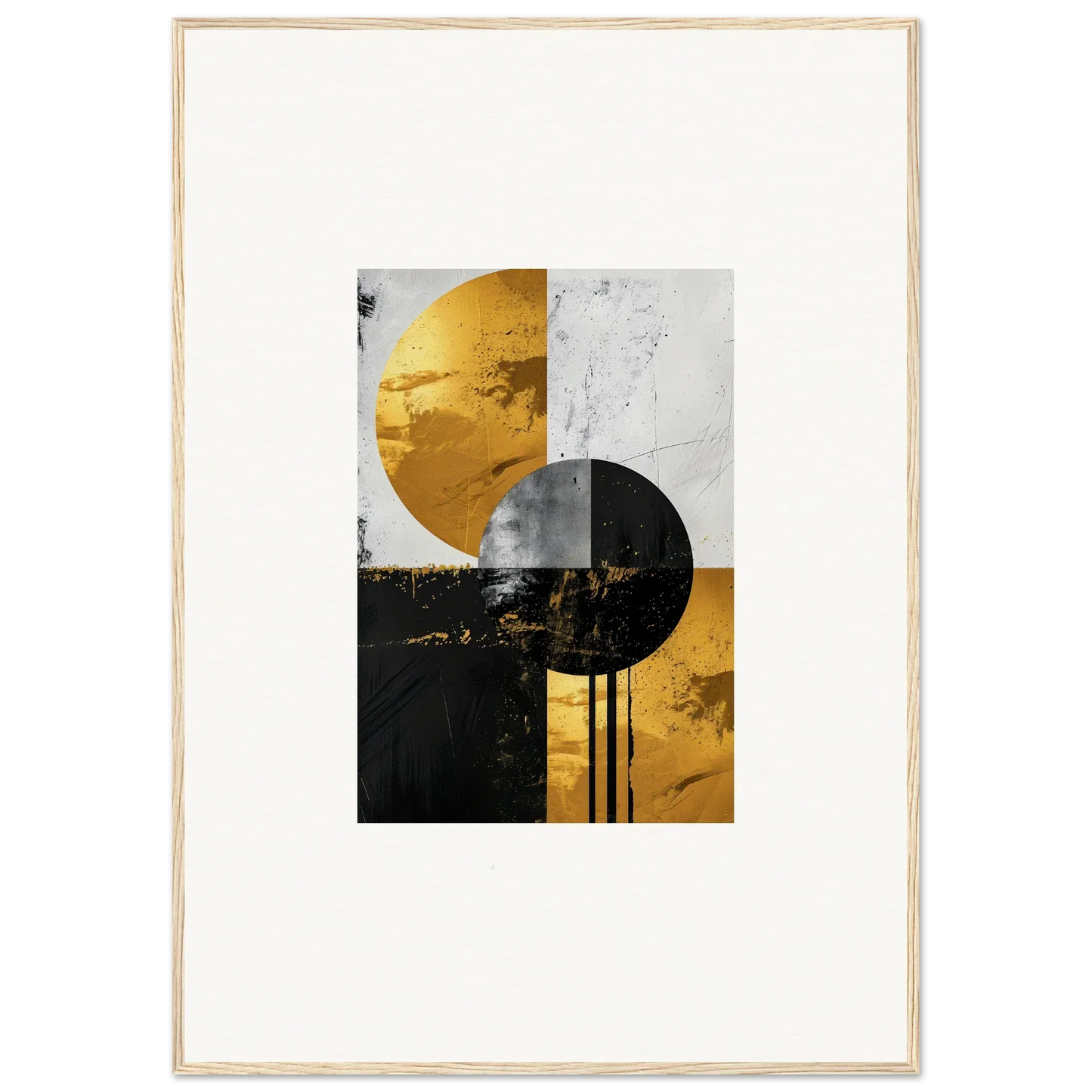 Abstract geometric artwork of overlapping circles in gold and black for elegant room decor