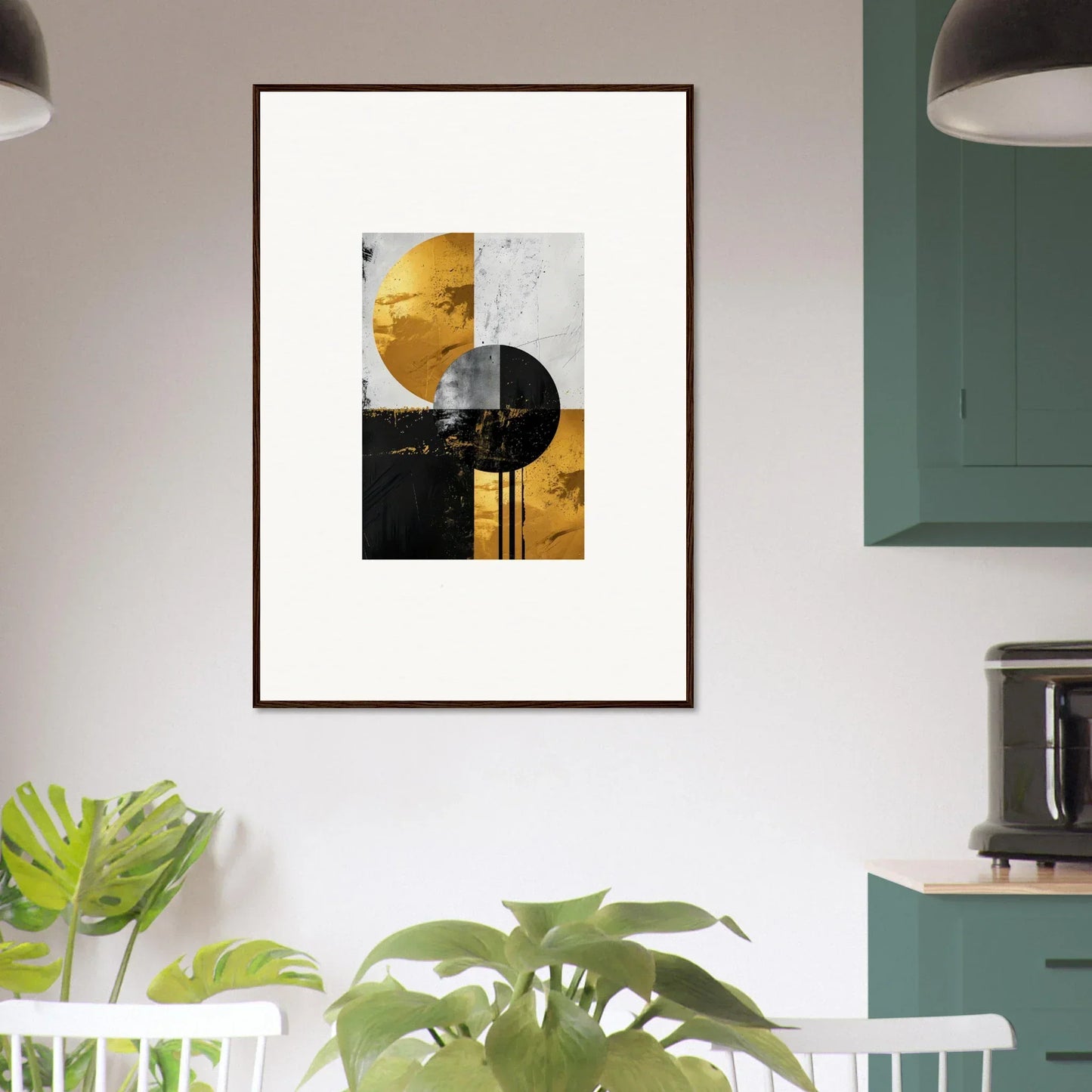 Framed wall art of geometric shapes in yellow tones for golden dreams room decor