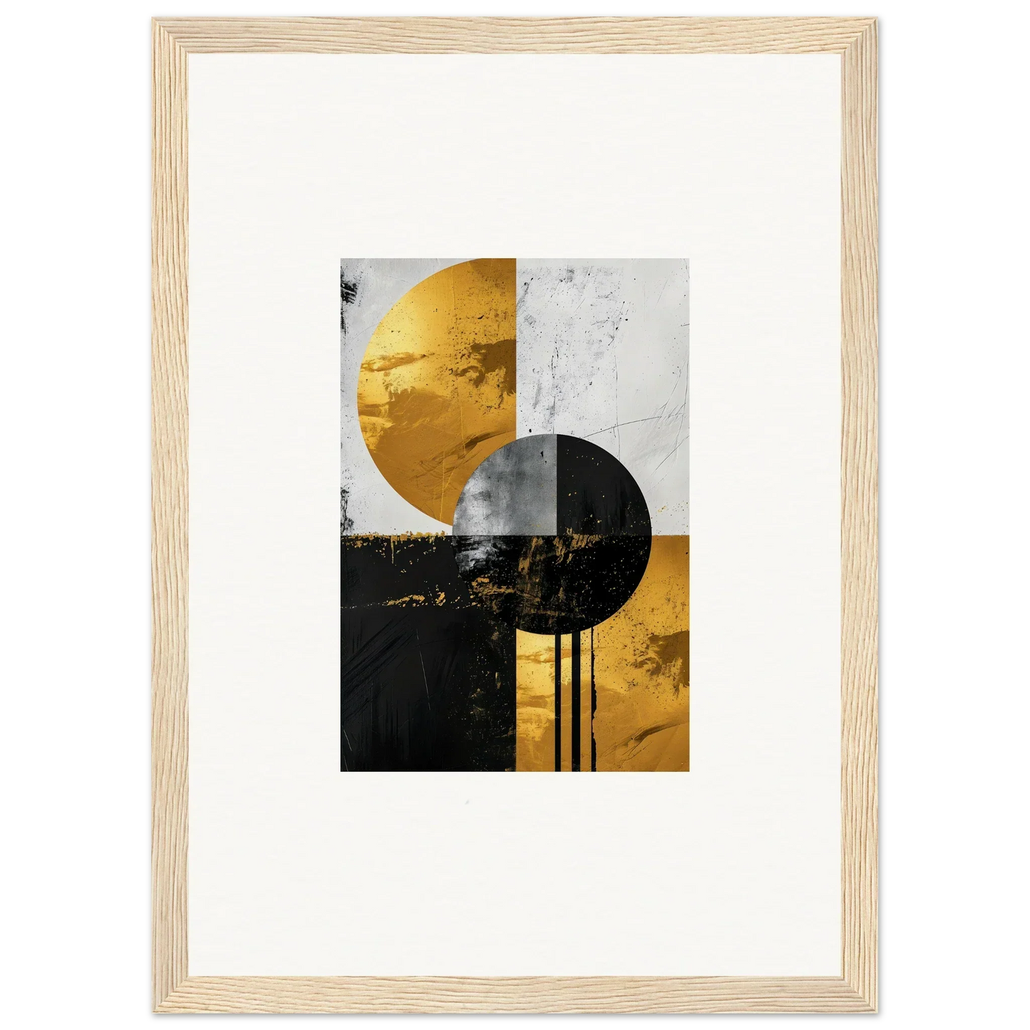 Abstract geometric artwork of overlapping circles in gold, black, and white for room decor