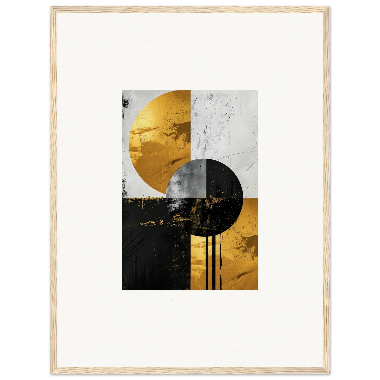 Abstract geometric artwork of overlapping circles in gold, black, and white for framed wall art