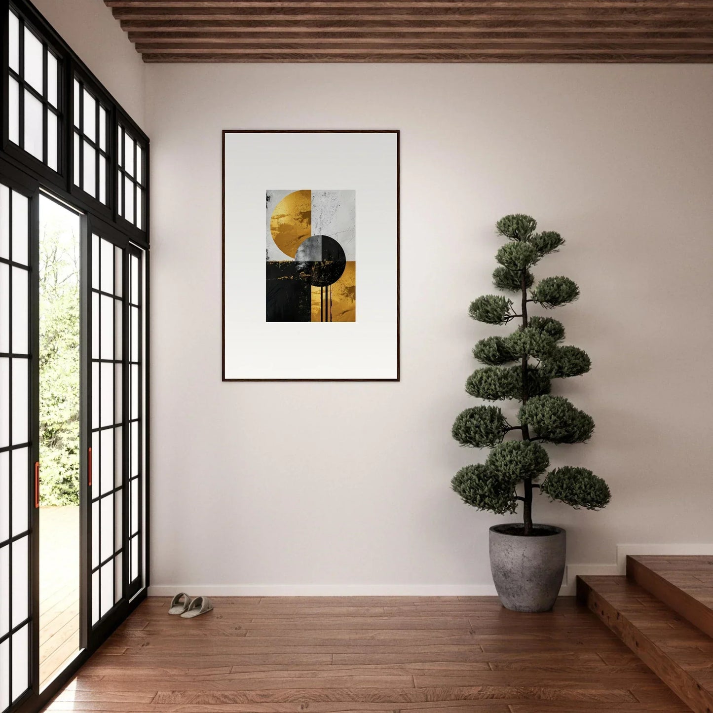 Modern interior with framed wall art and sculpted topiary for golden dreams room decor