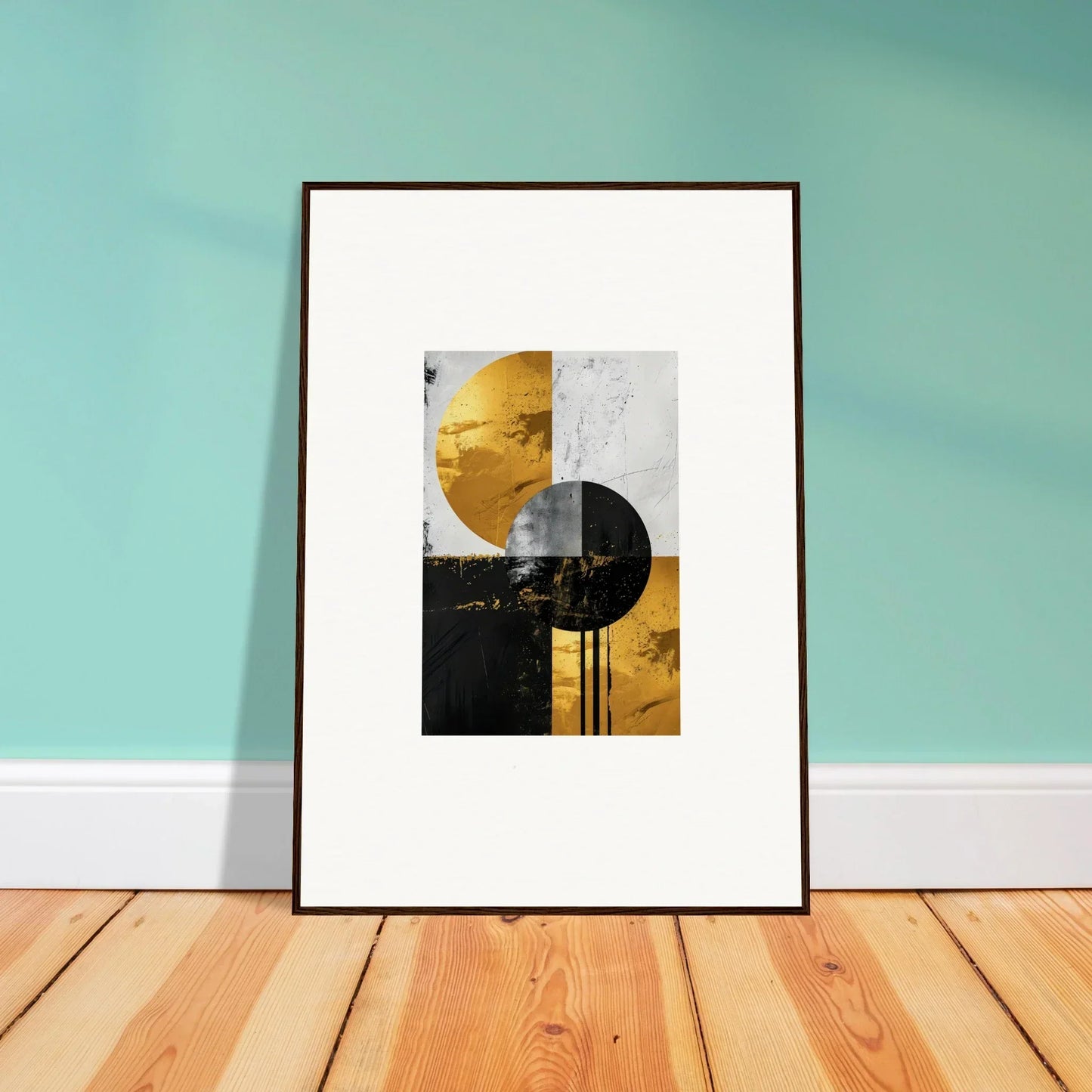 Framed wall art featuring geometric shapes and a golden element for golden dreams room decor