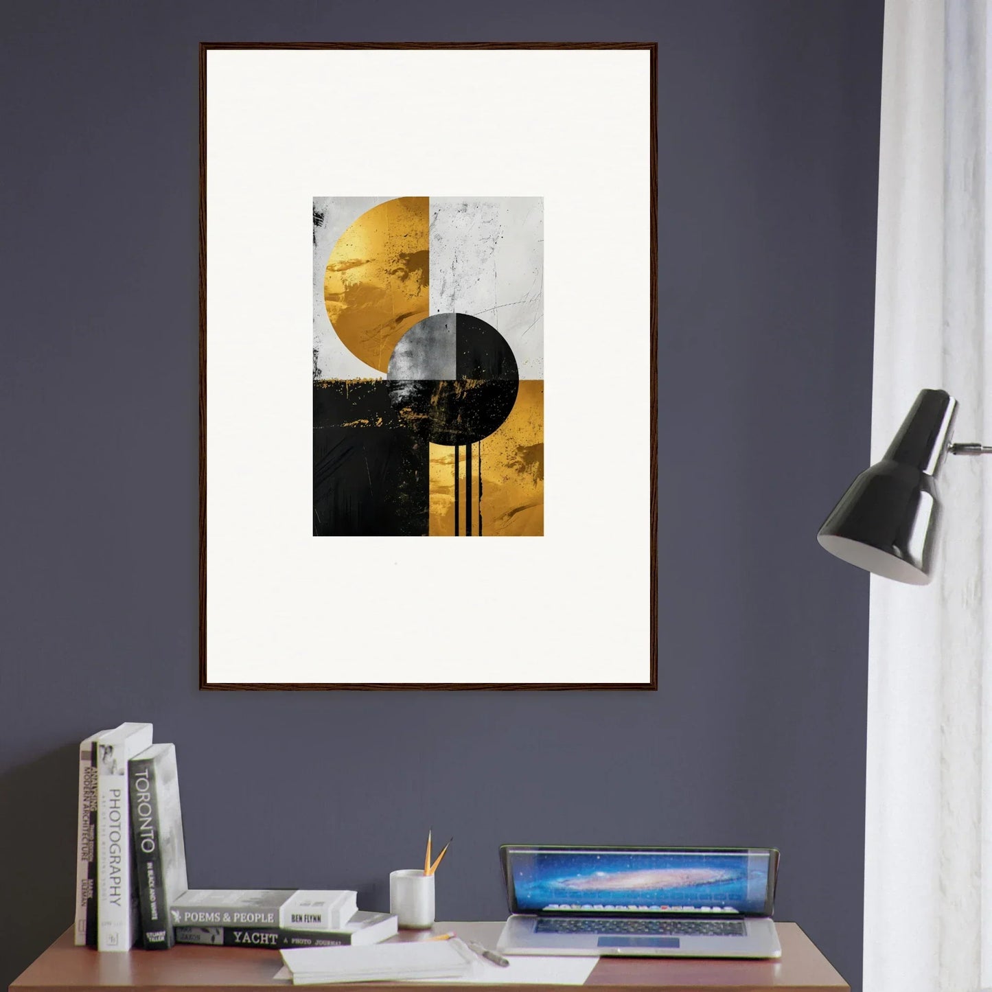 Abstract geometric framed wall art in gold, black, and white for golden dreams room decor