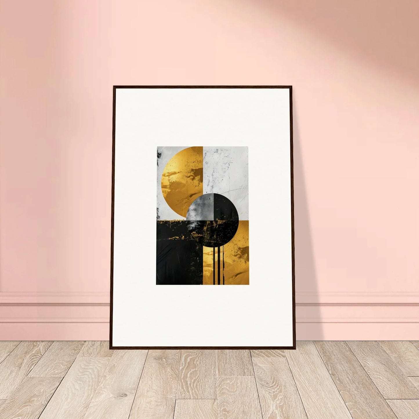 Framed wall art of golden dreams with geometric shapes and vibrant yellow tones
