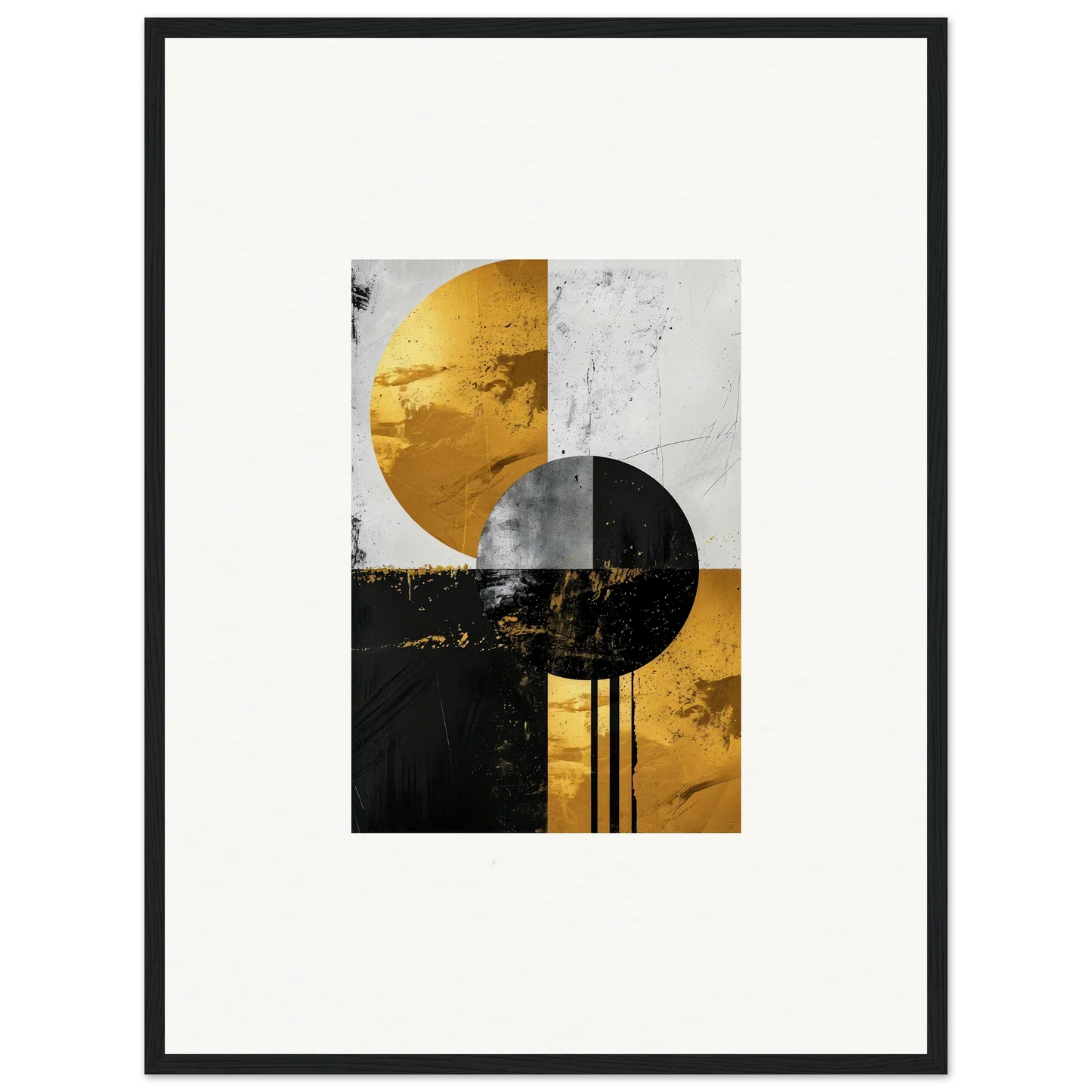 Abstract geometric artwork with overlapping gold, black, and white circles for room decor