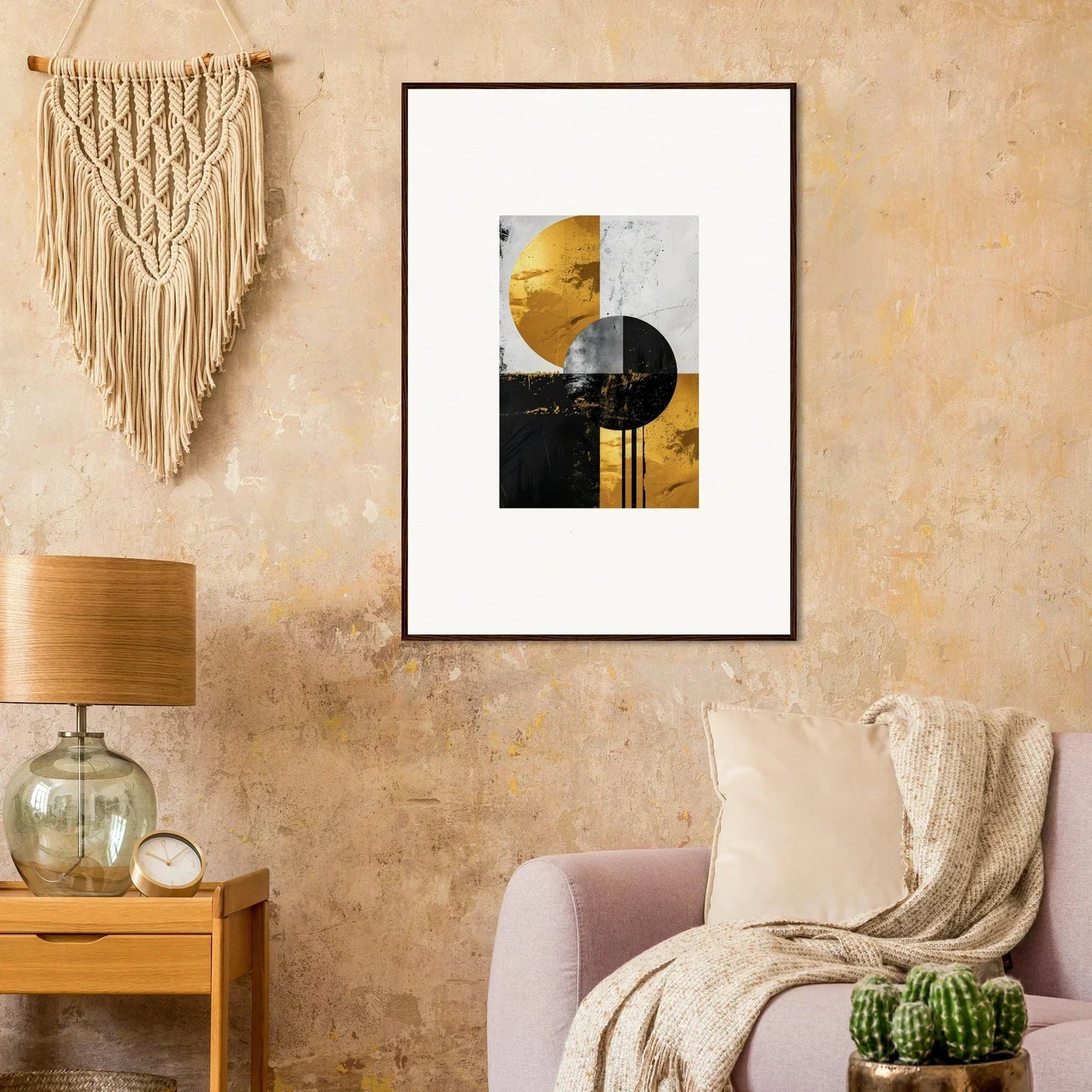 Framed abstract geometric wall art featuring circles and gold tones for golden dreams room decor