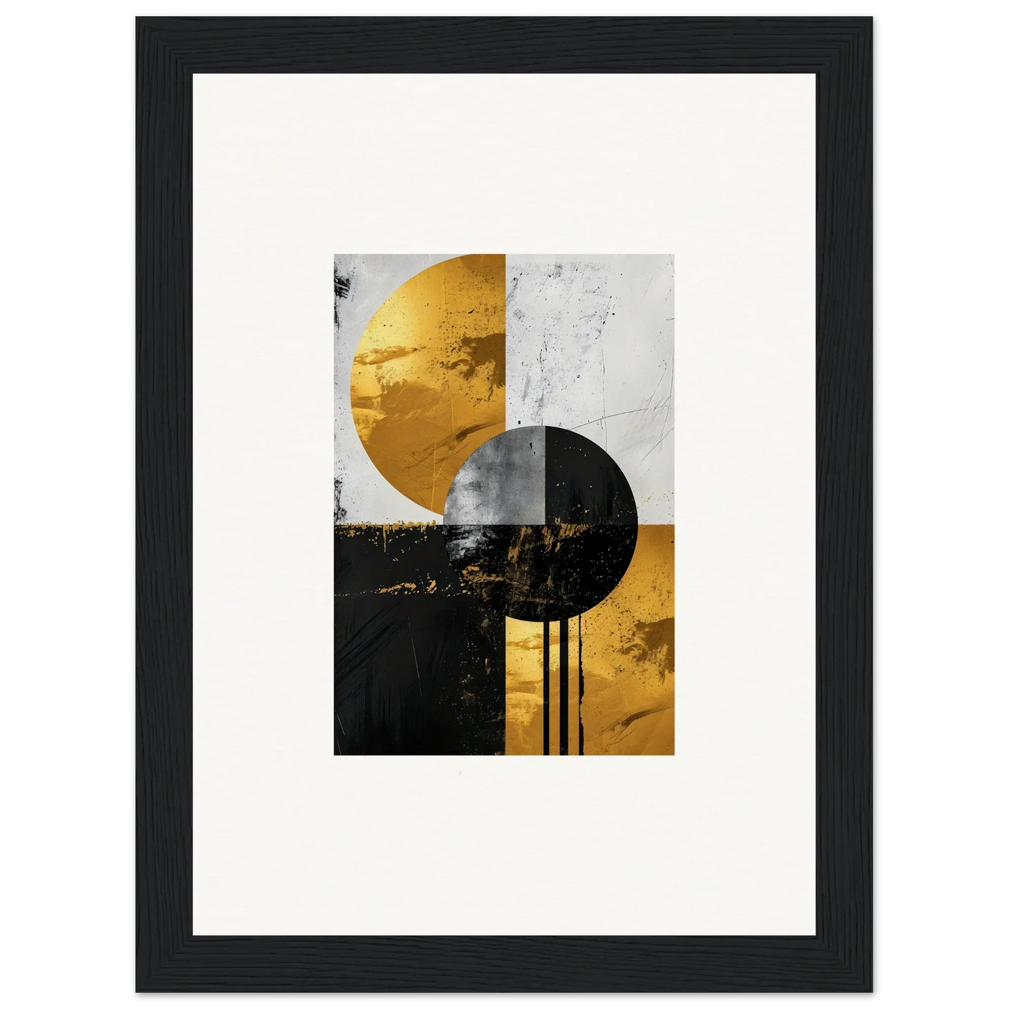 Abstract geometric artwork of gold and black circles for modern room decor and framed wall art