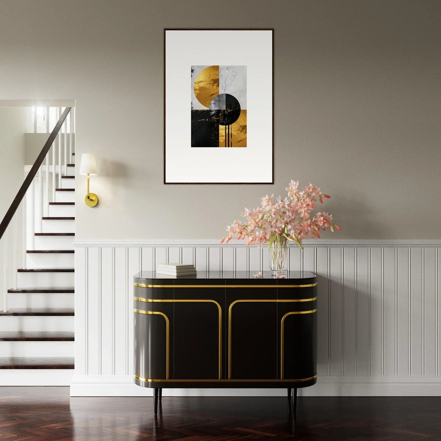 Elegant black and gold sideboard for stylish room decor and Golden Dreams themes