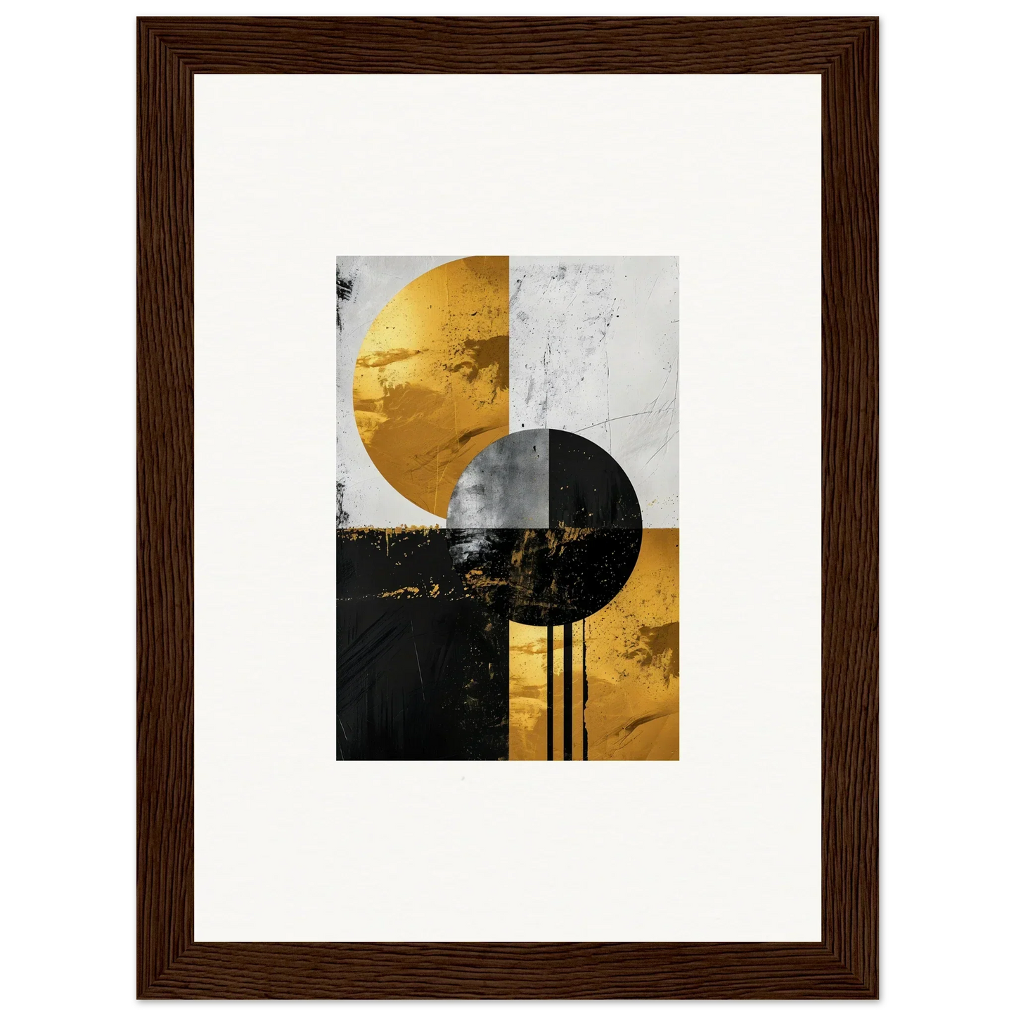 Abstract geometric artwork of golden and black circles for elegant room decor