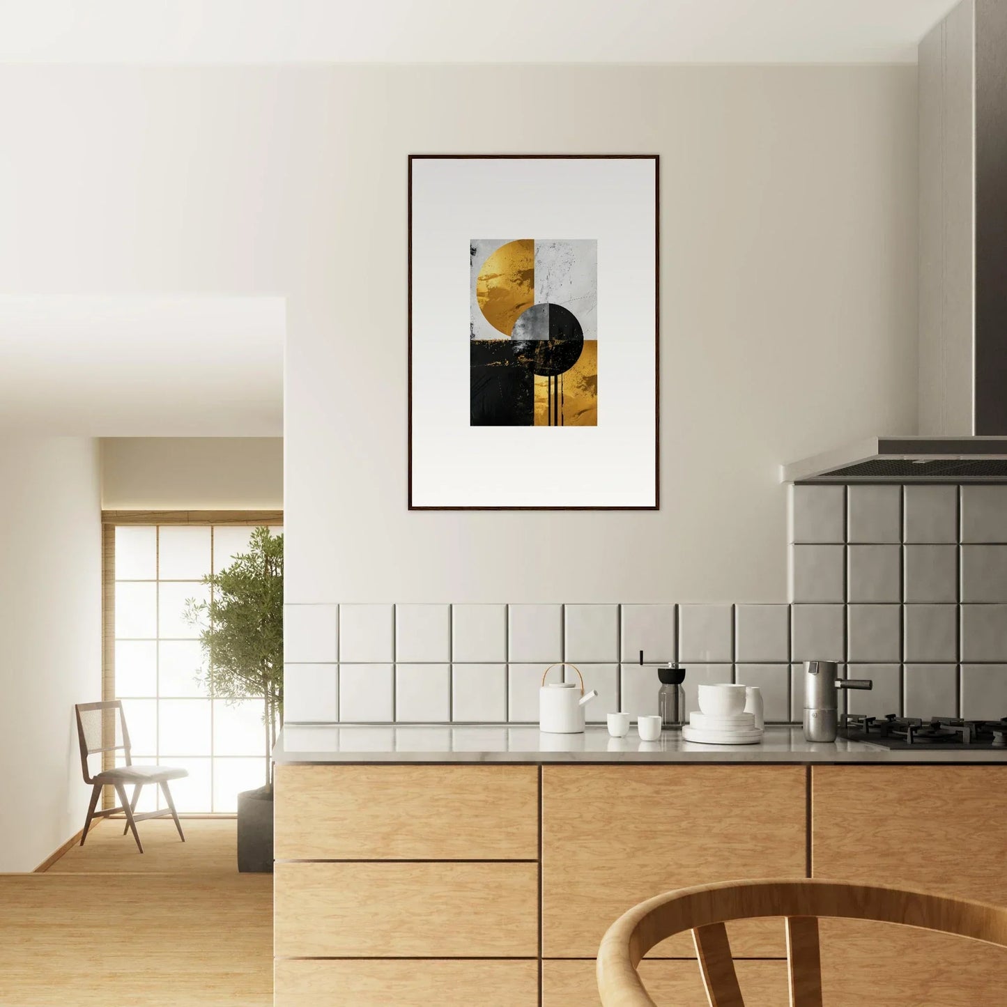 Modern kitchen with wooden cabinets, white tiles, and golden dreams framed wall art