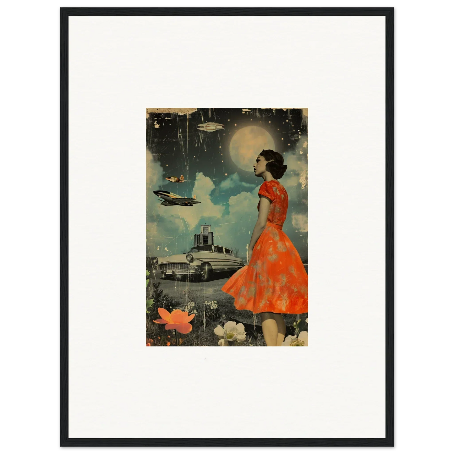 Framed retro bloom canvas print of a woman in an orange dress against a surreal night sky