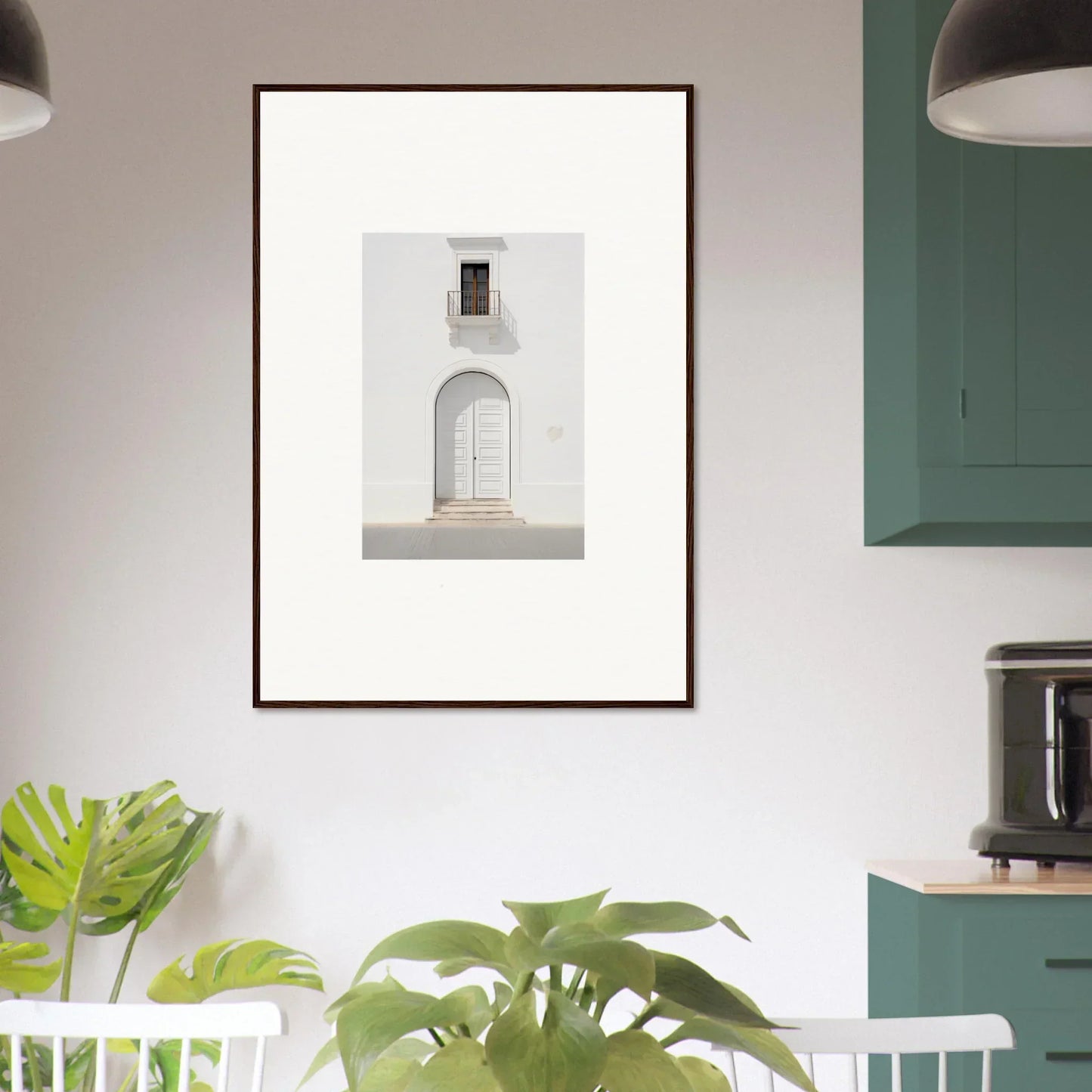 Framed black and white photo of a white Mediterranean doorway, Radiant Portal Reverie art