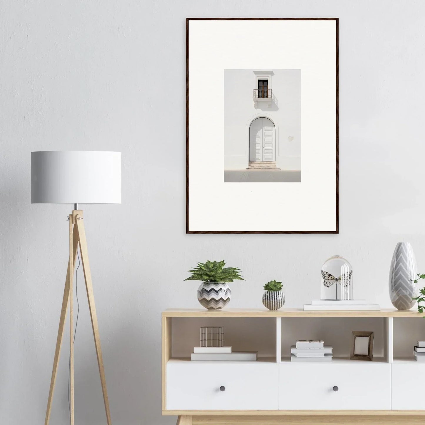 Modern tripod floor lamp with white drum shade and wooden legs from Radiant Portal Reverie