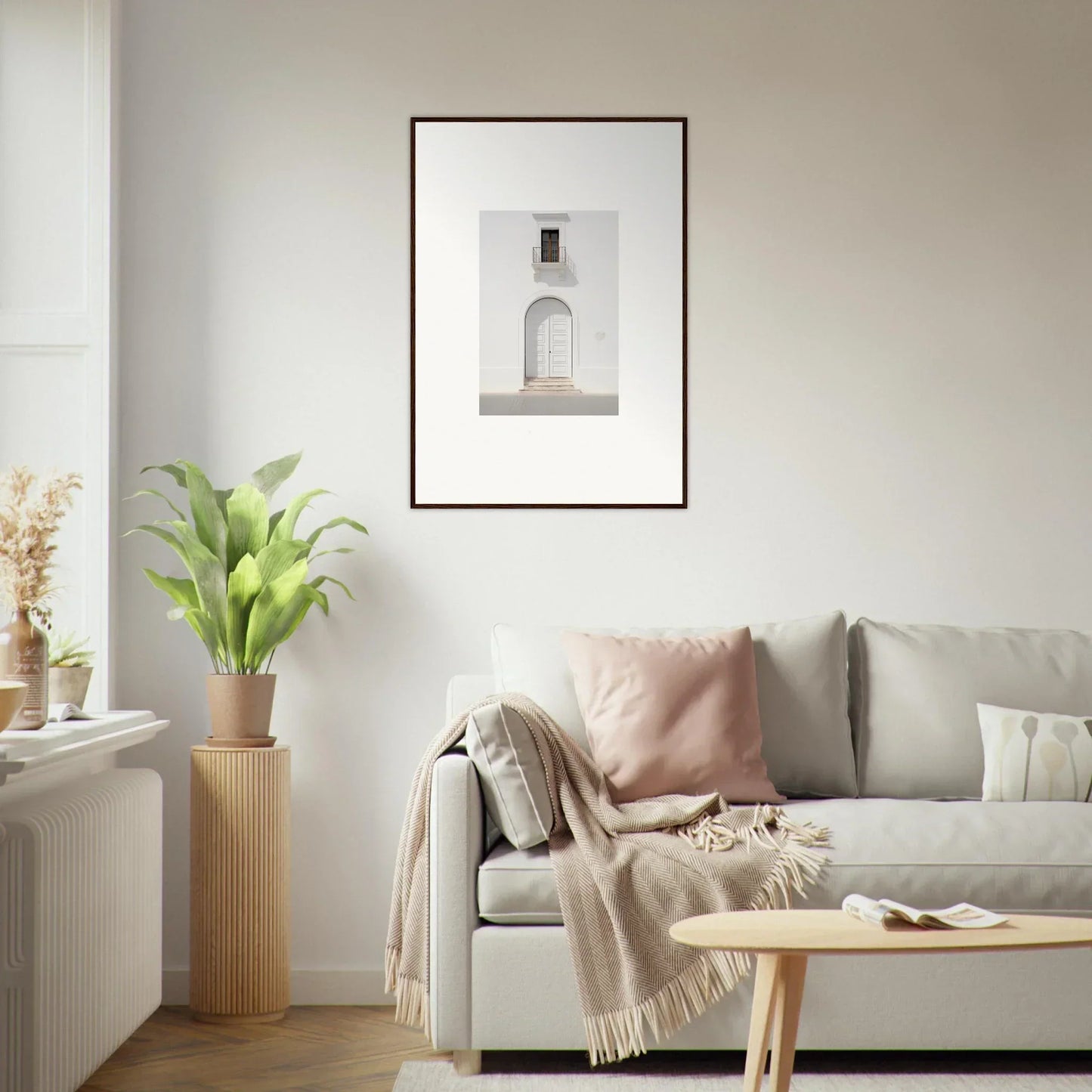 Light gray sofa with cozy throw blankets in the Radiant Portal Reverie special edition art™