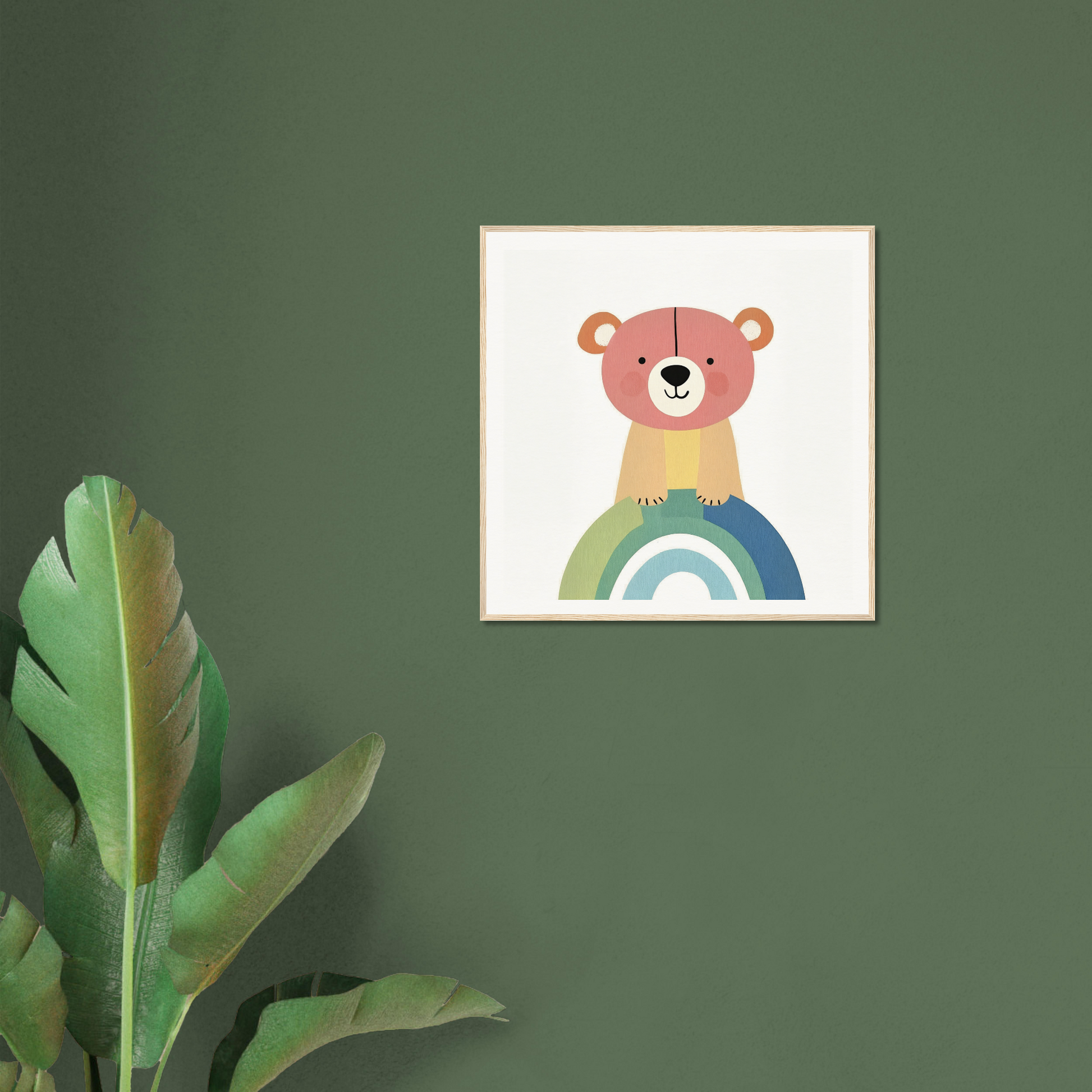 Cute cartoon bear on a rainbow in special edition art™ titled Rainbow Bear Serenade