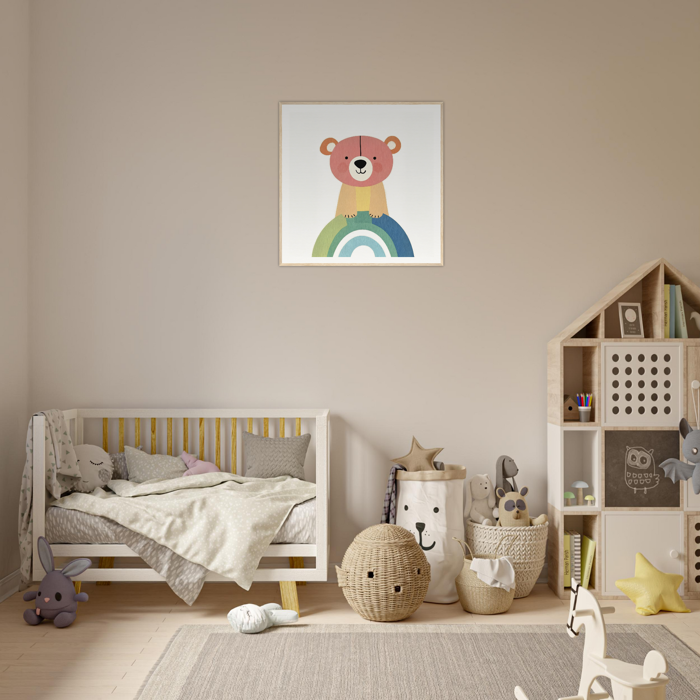 Cozy nursery featuring Rainbow Bear Serenade special edition art and a wooden crib