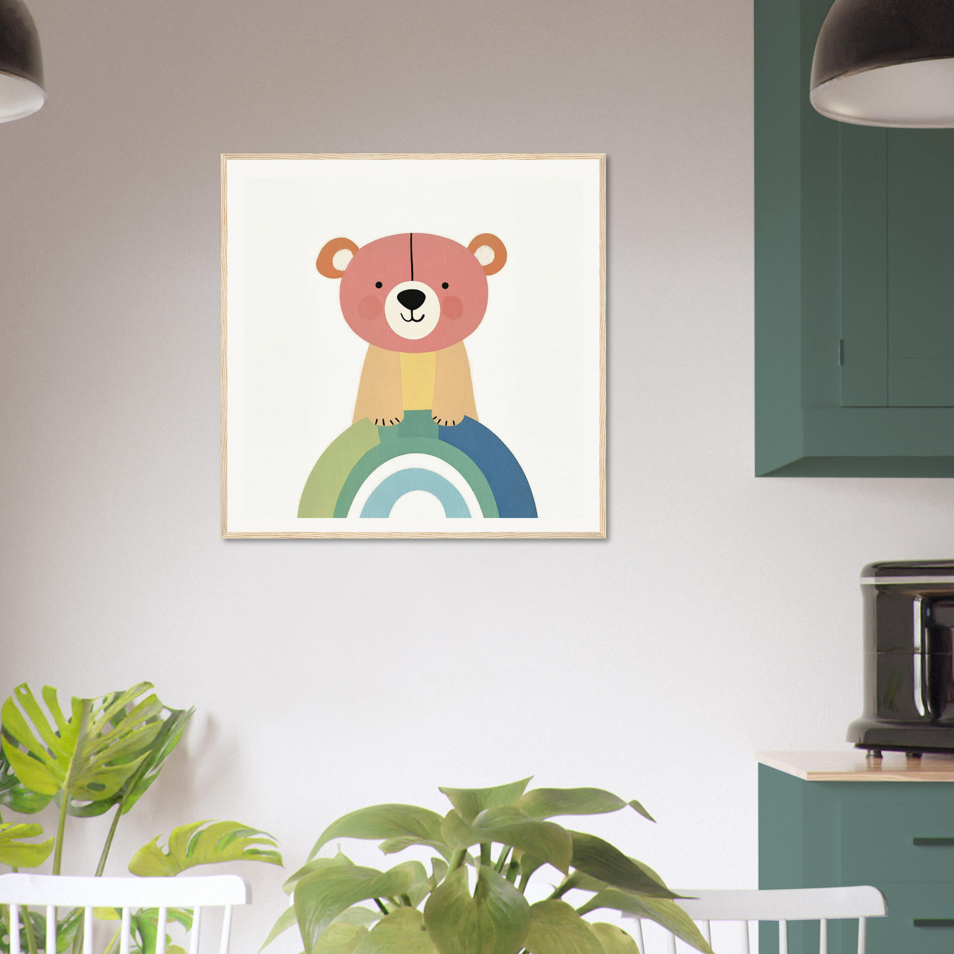 Cute cartoon bear on a rainbow in special edition art™ titled Rainbow Bear Serenade